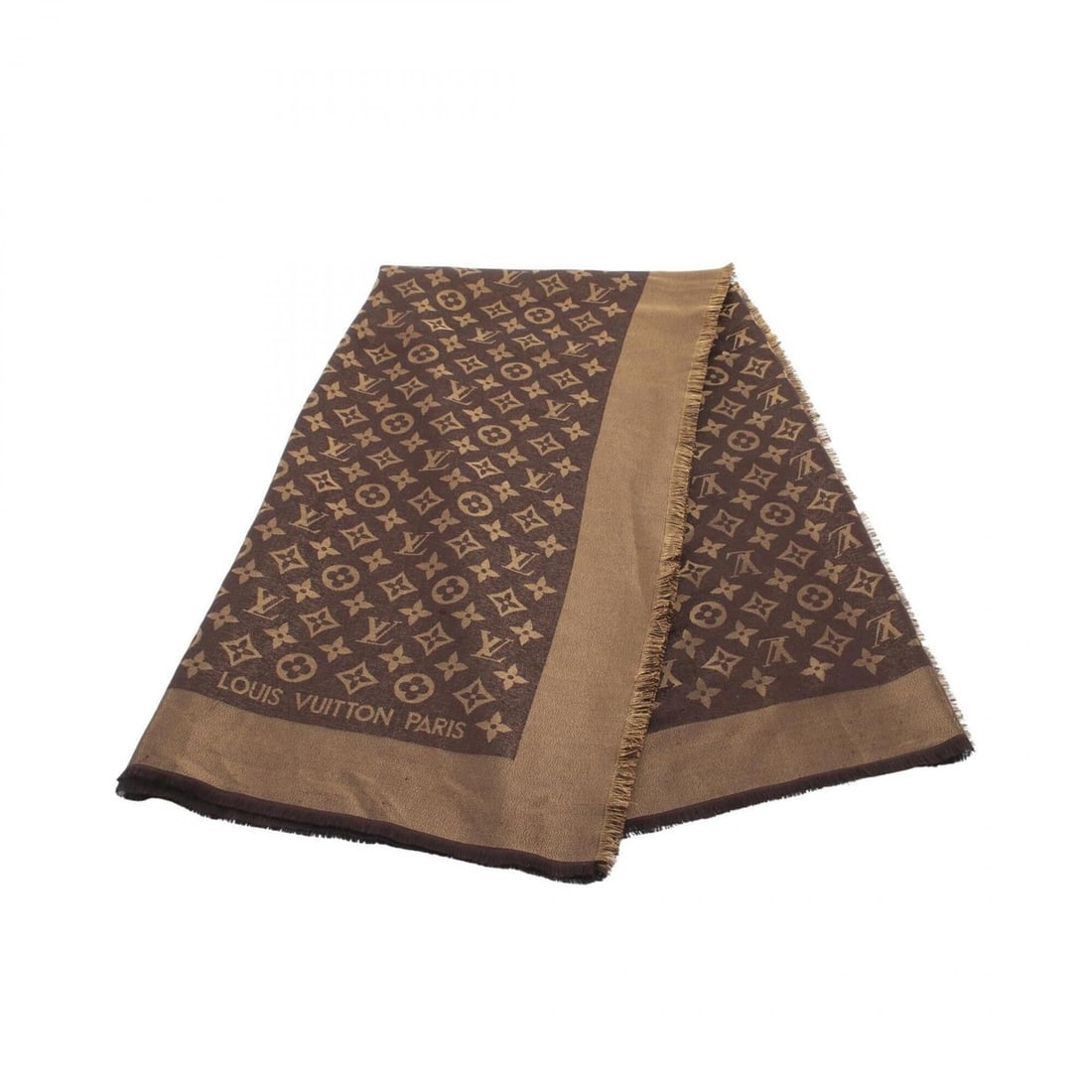 Louis Vuitton Monogram Stole, Silk, Wool, Rayon, Women's, Brown/Gold Tones: --- Catalog ---Category: SizeSize (LxW): 1.4m x 1.4m / 55.11'' x 55.11''Category: DesignType: StoleColor: Brown, GoldGender: WomenMaterial: Silk , Wool , Rayon Category: GeneralBrand: Louis Vuitton---