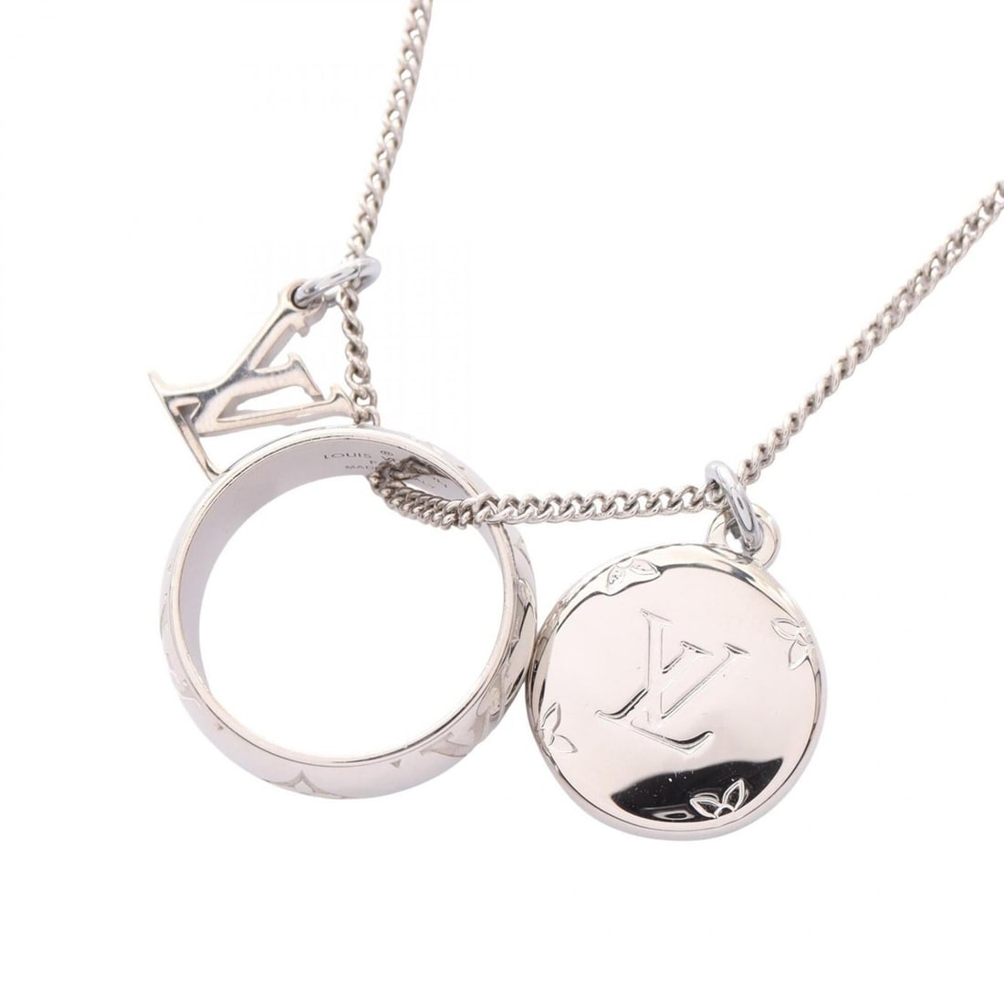 Louis Vuitton Monogram Ring Necklace, Stainless Steel Jewelry, Silver Tone, for Men and Women: --- Catalog ---Category: SizePendant Size: 20mm x 20mm / 0.78'' x 0.78''Neck Circumference: 49 cm - 60 cm / 19.29'' - 23.62''Category: DesignColor: SilverGender: Men,WomenMaterial: Stainless steelNeck