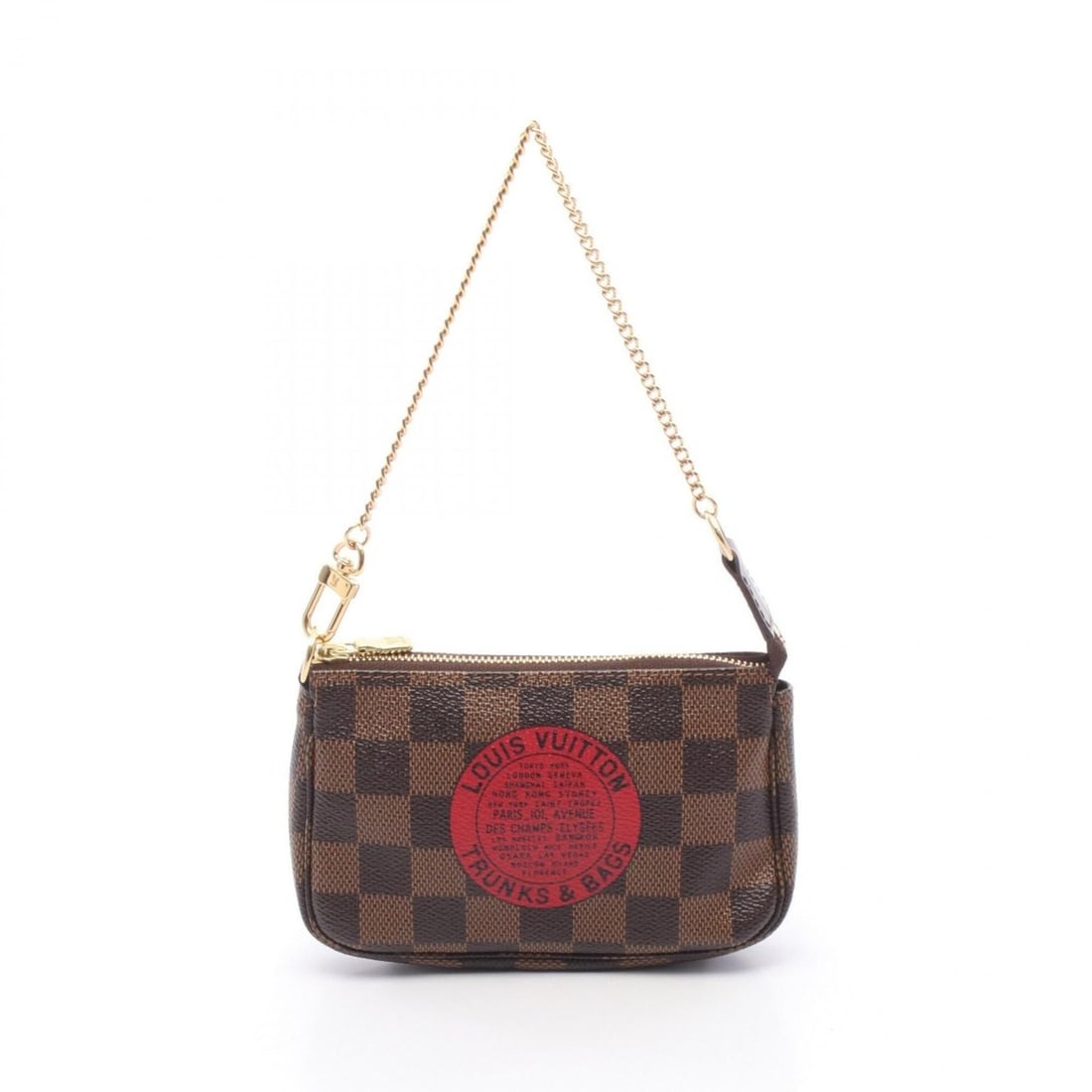 Louis Vuitton Mini Pochette Accessoires Damier Ebene T&B Handbag, Coated Canvas and Leather,: --- Catalog ---Category: SizeSize (HxWxD): 9.5cm x 15cm x 3cm / 3.74'' x 5.9'' x 1.18''Handle Length: 32cm / 12.59''Category: DesignType: Handbag, PochetteColor: Brown, Red colorGender: WomenMaterial: