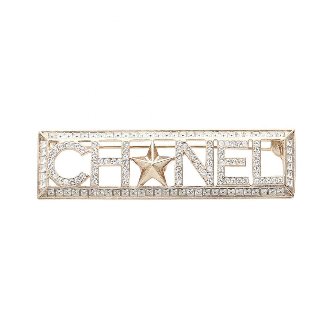 Chanel logo brooch accessory, gold plated (GP), rhinestone, women's, gold, clear, white.: --- Catalog ---Category: SizeSize (HxWxD): 1.5cm x 5.4cm / 0.59'' x 2.12''Category: DesignType: BroochColor: Clear, Gold, WhiteStone: RhinestoneGender: WomenMaterial: Gold platingCategory: GeneralBran