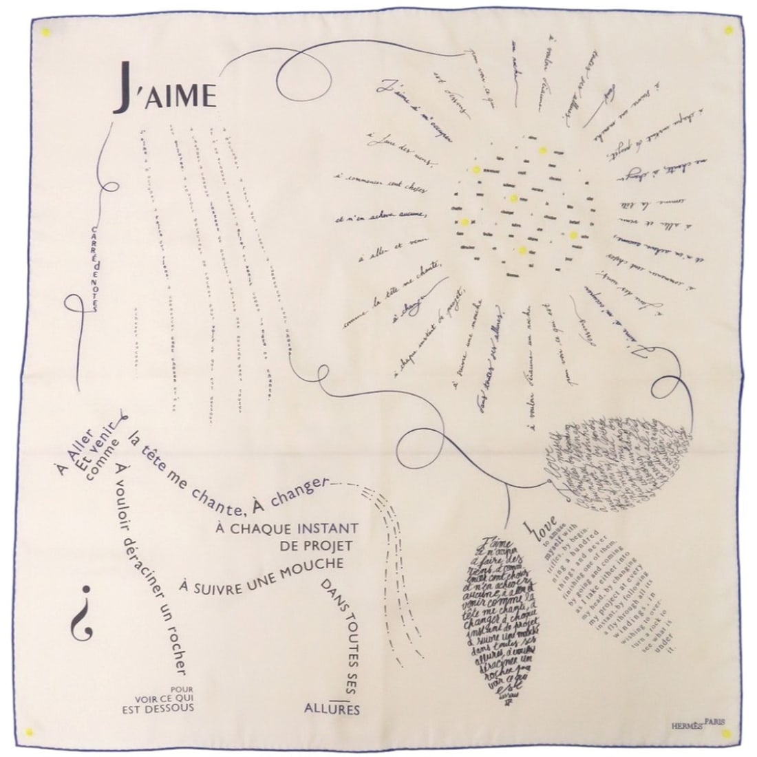 Hermes embroidered Carre 90 de Notes words Silk ivory blue scarf muffler 0578HERMES: --- Catalog ---Category: SizeSize (LxW): 90cm x 90cm / 35.43'' x 35.43''Category: DesignType: ScarfColor: Blue, IvoryGender: WomenMaterial: Silk Category: GeneralBrand: HermesCountry of Origin: German