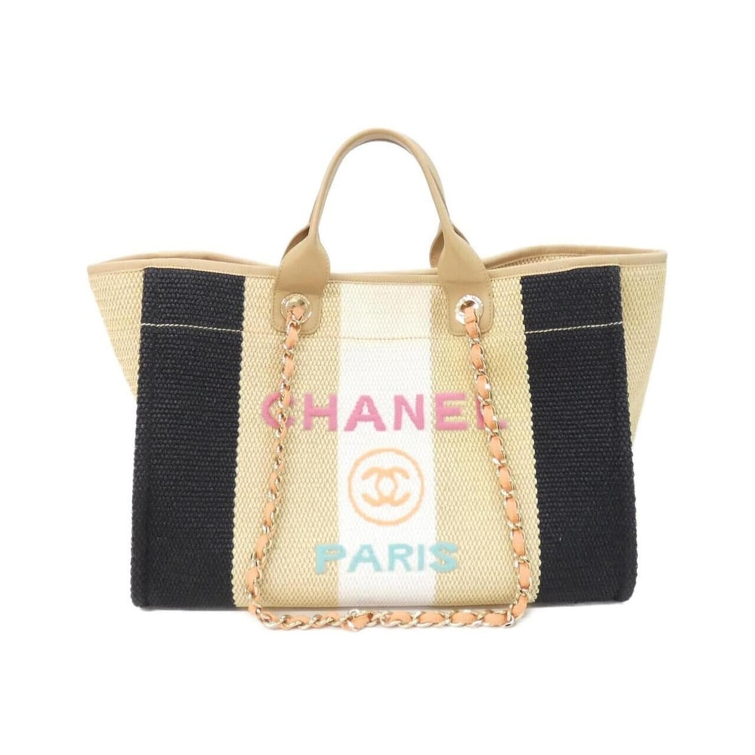 Chanel Deauville Line 66941 Handbag: --- Catalog ---Category: SizeSize (HxWxD): 30cm x 39cm x 22cm / 11.81'' x 15.35'' x 8.66''Category: DesignType: HandbagColor: Beige, Black, WhiteGender: WomenMaterial: Cotton , Viscose , Leather Leath