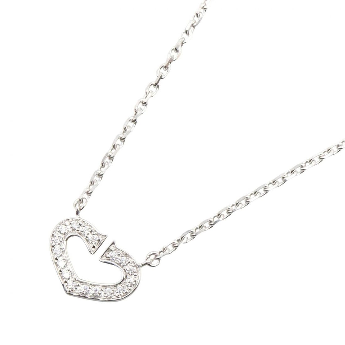 Cartier C Heart Diamond Necklace, 18K White Gold (18KWG), Diamond, Women's, Silver/Clear Tone: --- Catalog ---Category: SizePendant Size: 8mm x 12mm / 0.31'' x 0.47''Neck Circumference: 39 cm / 15.35''Category: DesignColor: Clear, SilverStone: DiamondGender: WomenMaterial: White gold (18K)Neckl