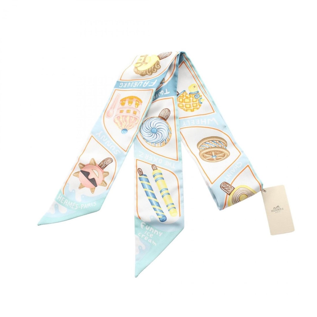 Hermes Twilly Funny Ice Cream Scarf/Muffler, Silk, Women's, Blue/Multicolor: --- Catalog ---Category: SizeSize (LxW): 85cm x 5cm / 33.46'' x 1.96''Category: DesignType: ScarfColor: Blue, Multi-colorGender: WomenMaterial: Silk Category: GeneralBrand: Hermes--- Item List ---Sect