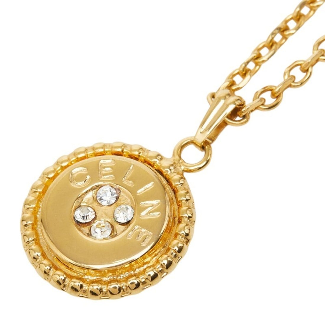 Celine Logo Chain Pendant Necklace, Round Gold Rhinestone, Plated (GP), Women's.: --- Catalog ---Category: SizePendant Size: 26.2mm x 17.1mm / 1.03'' x 0.67''Neck Circumference: 41 cm / 16.14''Category: DesignColor: GoldGender: WomenMaterial: Gold plating, RhinestoneNecklace Type: 