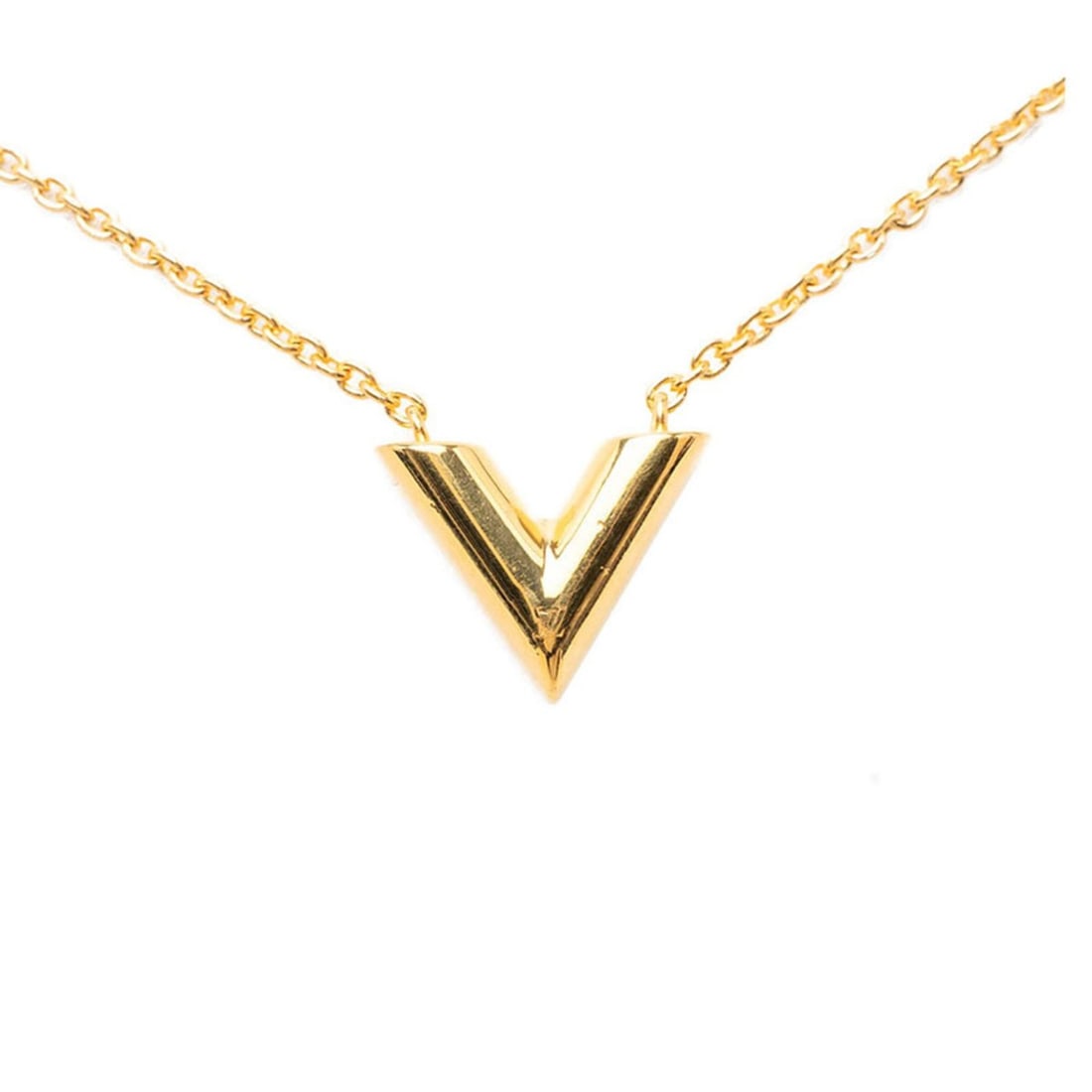Louis Vuitton Essential V Necklace M61083 Gold Plated Women's LOUIS VUITTON: --- Catalog ---Category: SizePendant Size: 14.8mm x 16.2mm / 0.58'' x 0.63''Neck Circumference: 48.5 cm / 19.09''Category: DesignColor: GoldGender: WomenNecklace Type: NecklaceCategory: GeneralMPN: M6