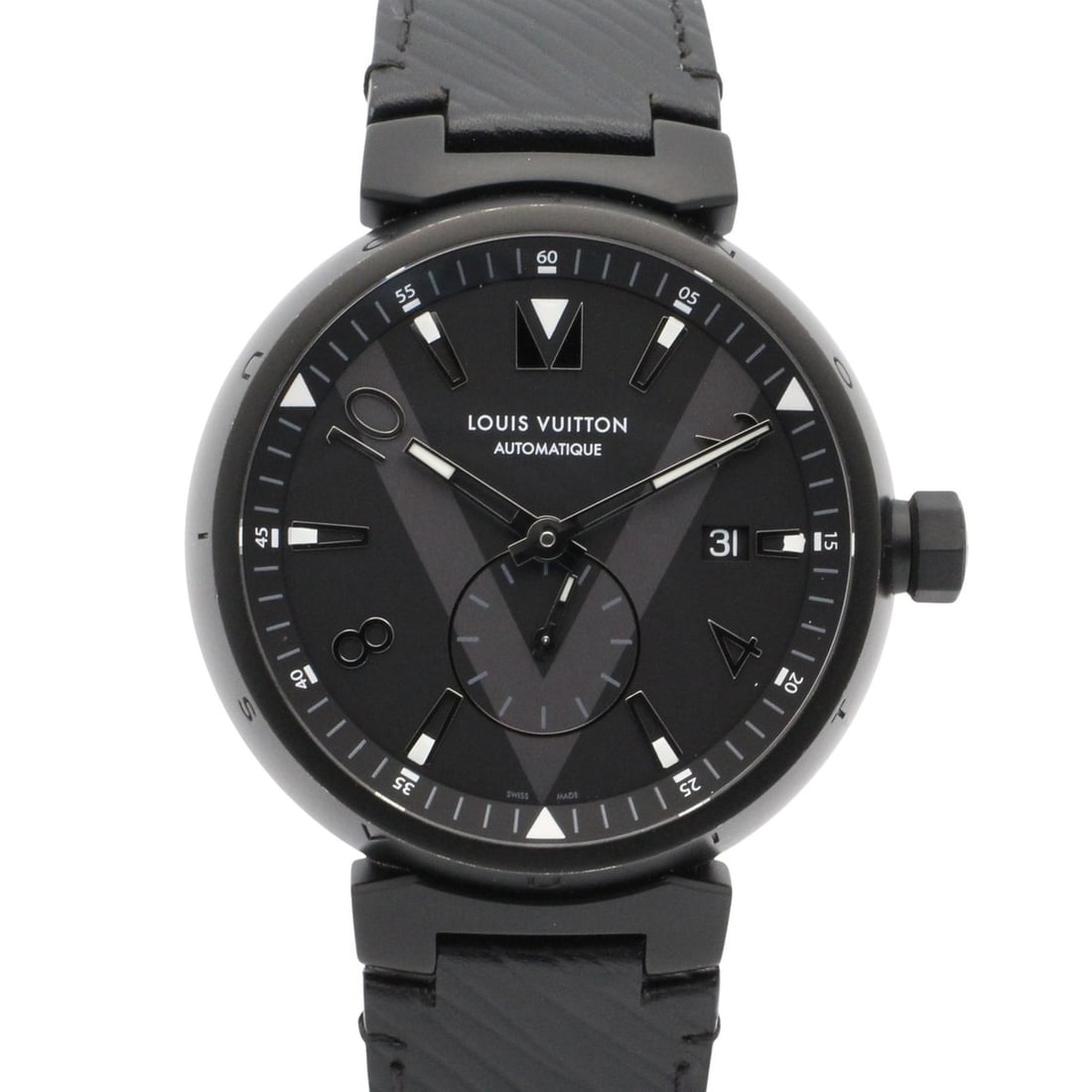 Louis Vuitton Tambour All Black Watch, Stainless Steel, Leather Strap, Men's, Black, Q1D22: --- Catalog ---Category: SizeWrist Size: 19cm / 7.48''Case Diameter: 41.3mm / 1.63''Category: DesignType: WristwatchGender: MenColor (Dial): BlackMaterial (Band): LeatherMaterial (Case): Stainless ste