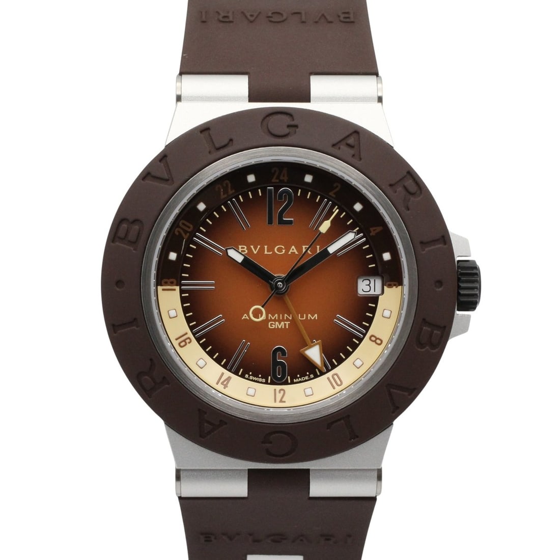 Bulgari BVLGARI Aluminum GMT Watch, Rubber Strap, Aluminum, Men's, Brown, BB40ATGMT: --- Catalog ---Category: SizeWrist Size: 16cm / 6.29''Case Diameter: 39.7mm / 1.56''Category: DesignType: WristwatchGender: MenColor (Dial): BrownMaterial (Band): RubberMaterial (Case): AluminumCatego