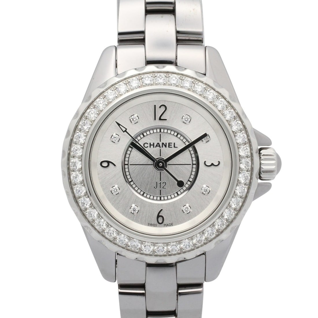 Chanel J12 Chromatic Diamond Bezel Watch, Titanium Ceramic, Diamond, Ladies, Silver Tone, H3402: --- Catalog ---Category: SizeWrist Size: 16cm / 6.29''Case Diameter: 28.5mm / 1.12''Category: DesignType: WristwatchGender: WomenColor (Dial): SilverMaterial (Band): Ceramic, TitaniumMaterial (Case): 