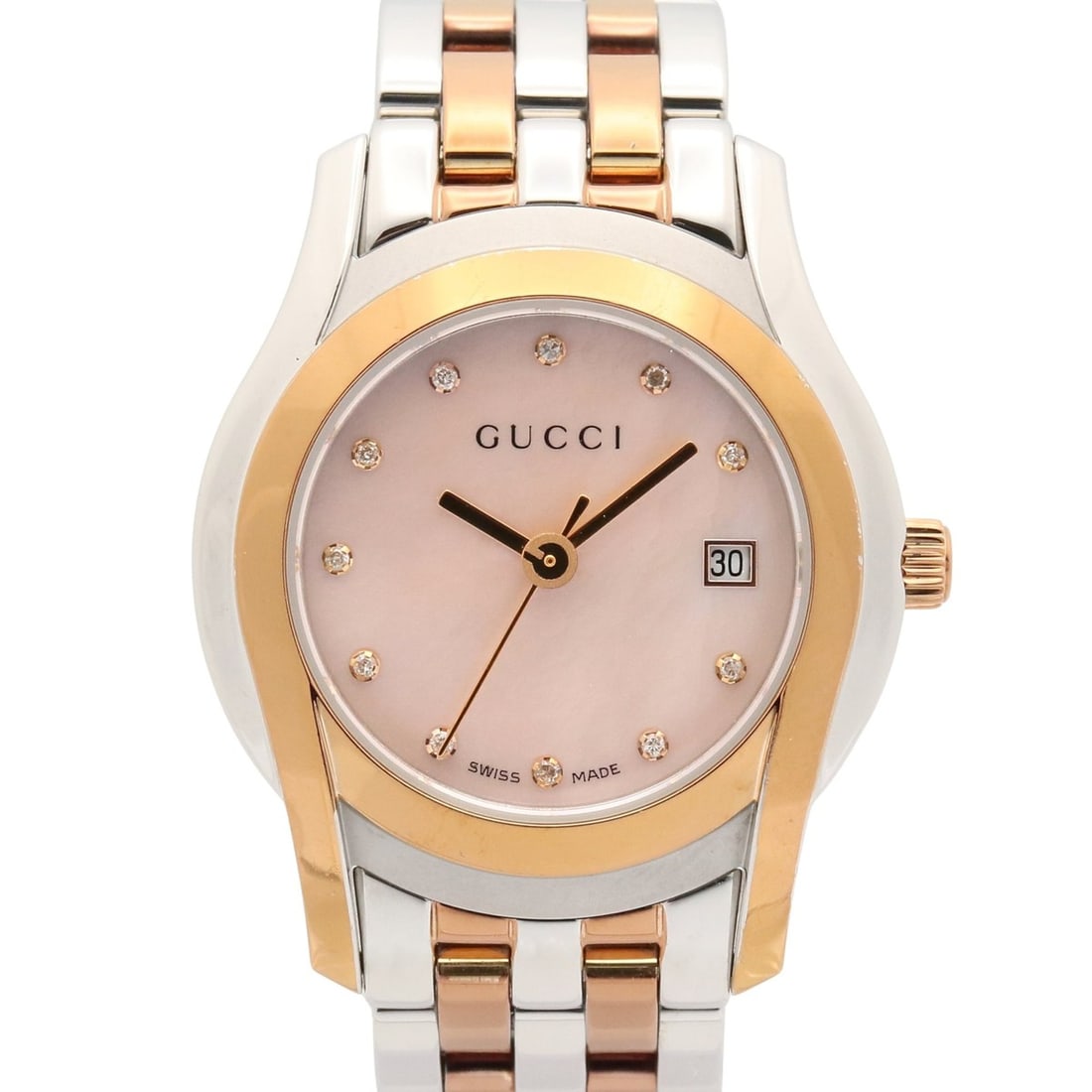 Gucci watch, GP (gold plated) stainless steel, women's, pinkish pink shell, 5500L: --- Catalog ---Category: SizeWrist Size: 12.5cm / 4.92''Case Diameter: 27mm / 1.06''Category: DesignType: WristwatchGender: WomenColor (Dial): Pink shellMaterial (Band): Gold plated, Stainless steelMa