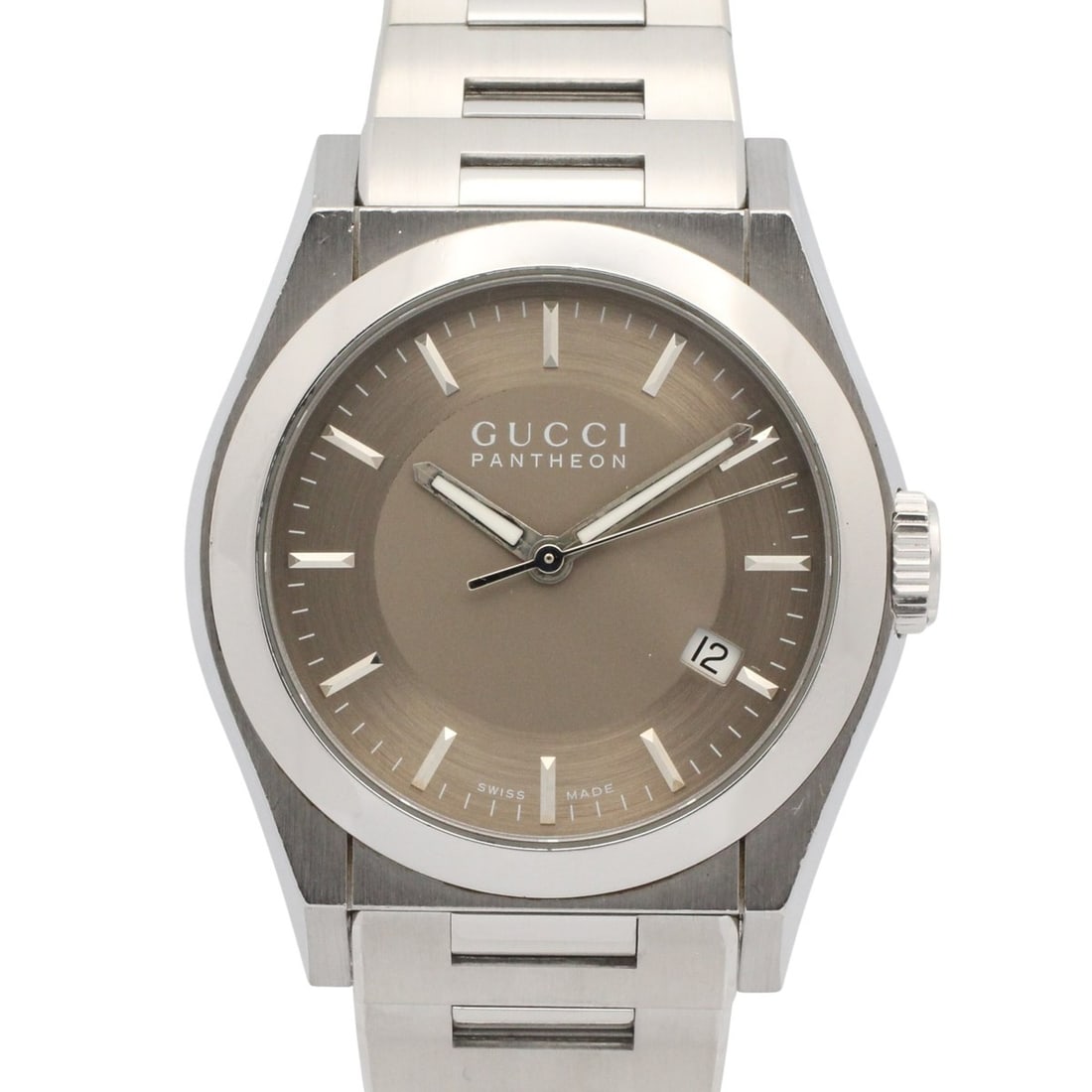 Gucci Pantheon watch, stainless steel, men's, brown, 115.4: --- Catalog ---Category: SizeWrist Size: 18.5cm / 7.28''Case Diameter: 35.5mm / 1.4''Category: DesignType: WristwatchGender: MenColor (Dial): BrownMaterial (Band): Stainless steelMaterial (Case): Stai