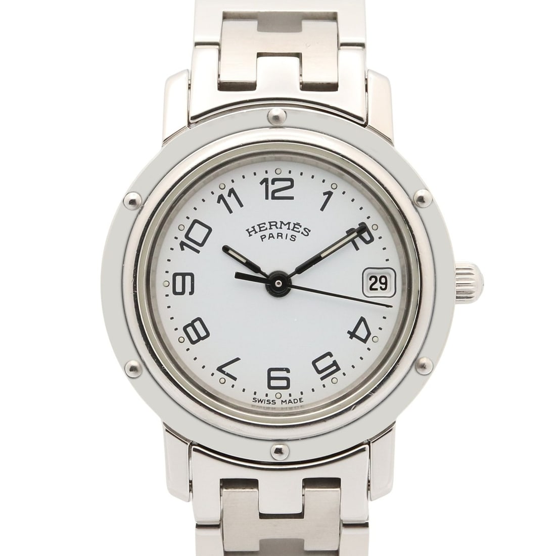 Hermes Clipper Watch, Stainless Steel, Women's, White (CL4.210): --- Catalog ---Category: SizeWrist Size: 14cm / 5.51''Case Diameter: 24mm / 0.94''Category: DesignType: WristwatchGender: WomenColor (Dial): WhiteMaterial (Band): Stainless steelMaterial (Case): Stain