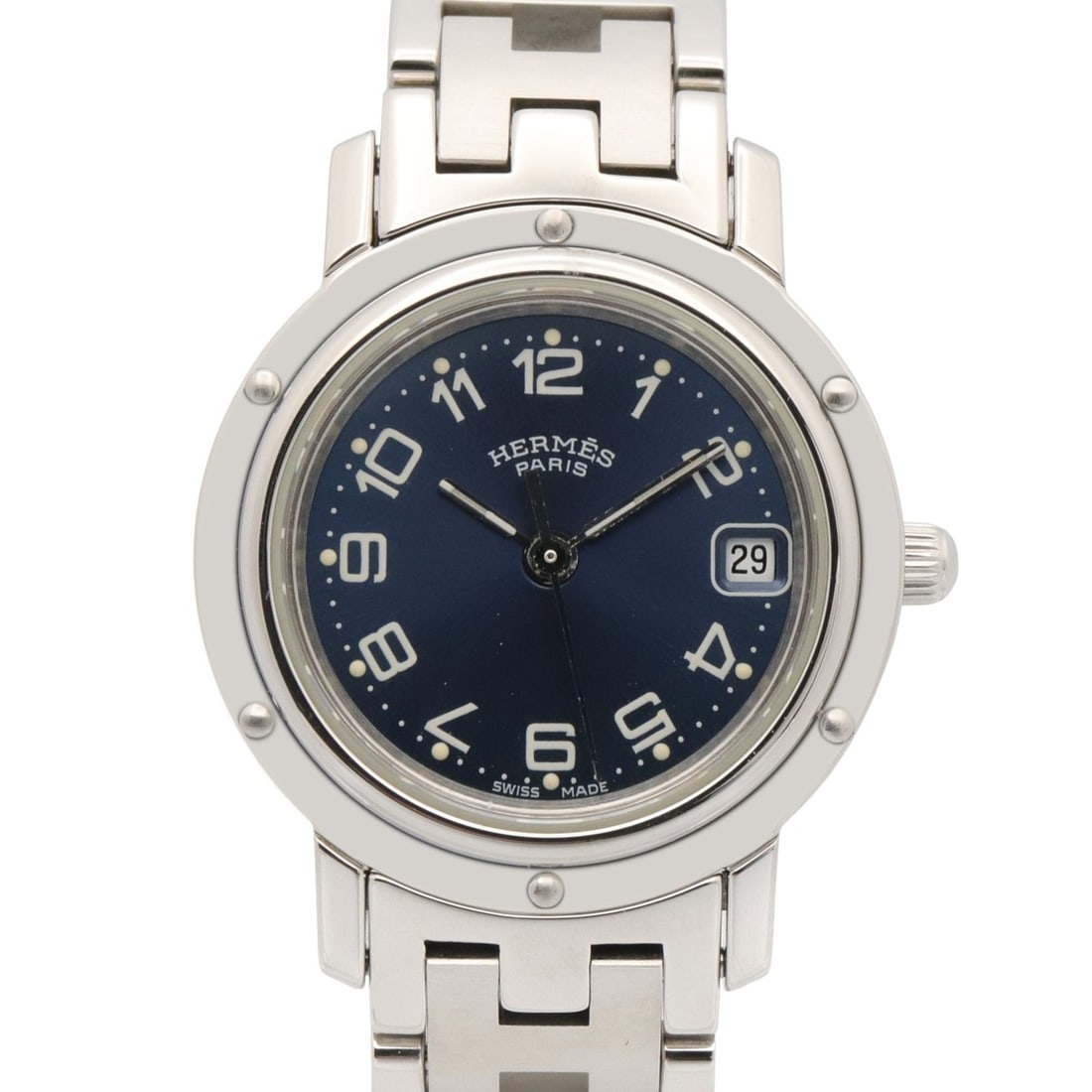 Hermes Clipper Watch, Stainless Steel, Women's, Blue (CL4.210): --- Catalog ---Category: SizeWrist Size: 14cm / 5.51''Case Diameter: 24mm / 0.94''Category: DesignType: WristwatchGender: WomenColor (Dial): BlueMaterial (Band): Stainless steelMaterial (Case): Stainl
