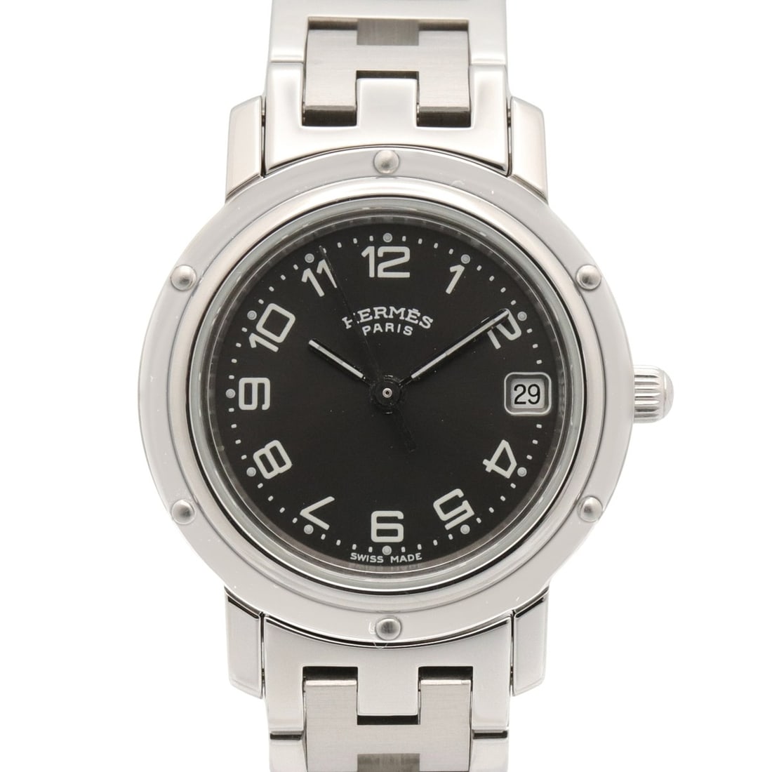 Hermes Clipper watch, stainless steel, women's, gray, CL4.210: --- Catalog ---Category: SizeWrist Size: 14cm / 5.51''Case Diameter: 24mm / 0.94''Category: DesignType: WristwatchGender: WomenColor (Dial): GrayMaterial (Band): Stainless steelMaterial (Case): Stainl