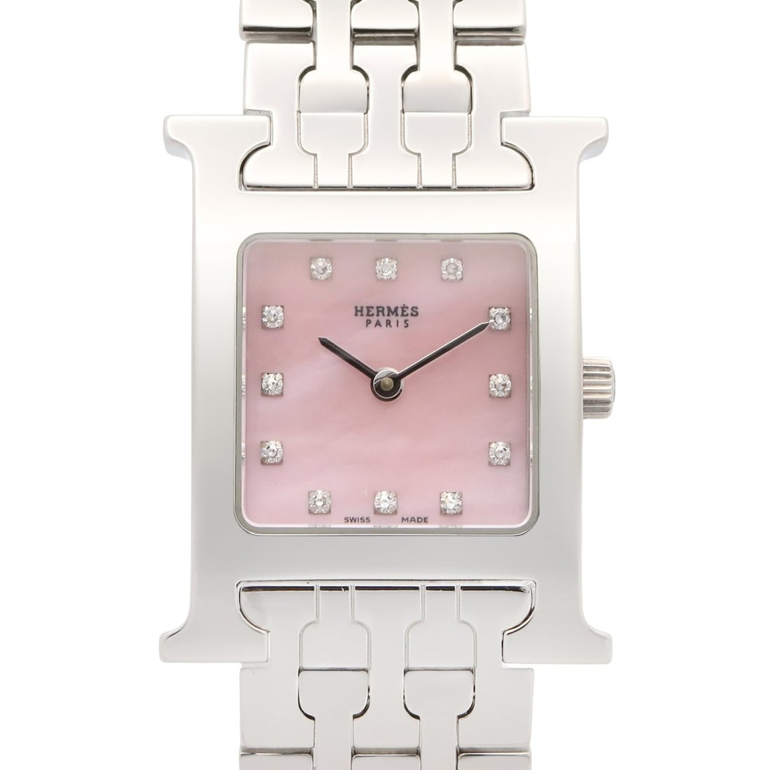 Hermes H-Watch, Stainless Steel, Diamond, Ladies' Watch, Pink Tone, Shell, HH1.210: --- Catalog ---Category: SizeWrist Size: 16.5cm / 6.49''Case Diameter: 21mm / 0.83''Category: DesignType: WristwatchGender: WomenColor (Dial): Pink shellMaterial (Band): Stainless steelMaterial (Case)
