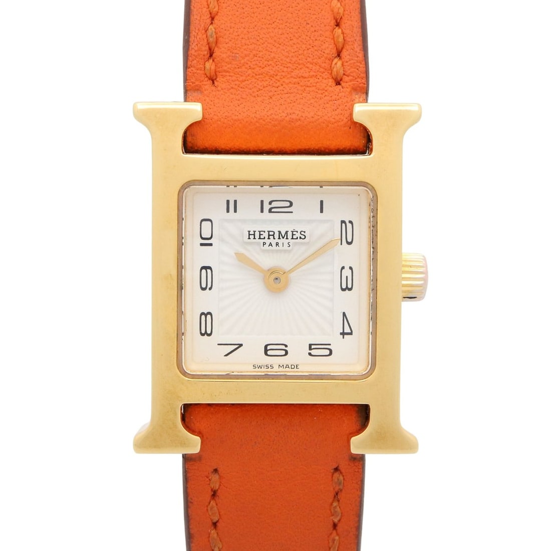 Hermes H-Watch Mini Wristwatch, Gold Plated (GP), Leather Strap, Women's, White (HH1.101): --- Catalog ---Category: SizeWrist Size: 15.5cm / 6.1''Case Diameter: 17mm / 0.67''Category: DesignType: WristwatchGender: WomenColor (Dial): WhiteMaterial (Band): LeatherMaterial (Case): Gold platedC