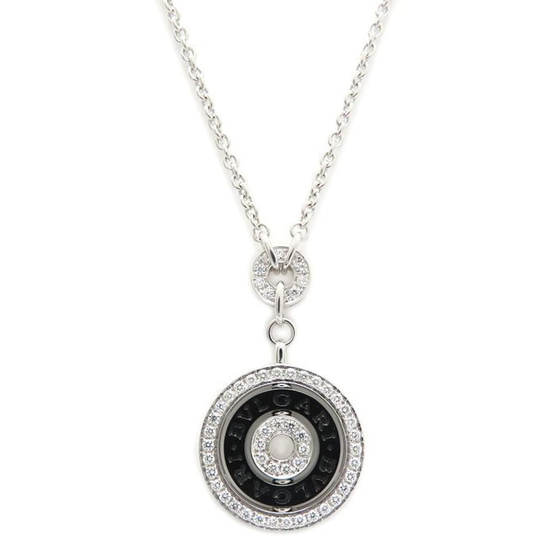 BVLGARI Astrale Cerchi Necklace, Diamond, 18K White Gold x Black Ceramic, Women's, 295634: --- Catalog ---Category: SizeWeight: 16.2g / 0.57oz.Pendant Size: 36mm x 20.9mm / 1.41'' x 0.82''Neck Circumference: 37.5 cm - 46 cm / 14.76'' - 18.11''Category: DesignStone: DiamondGender: WomenMater