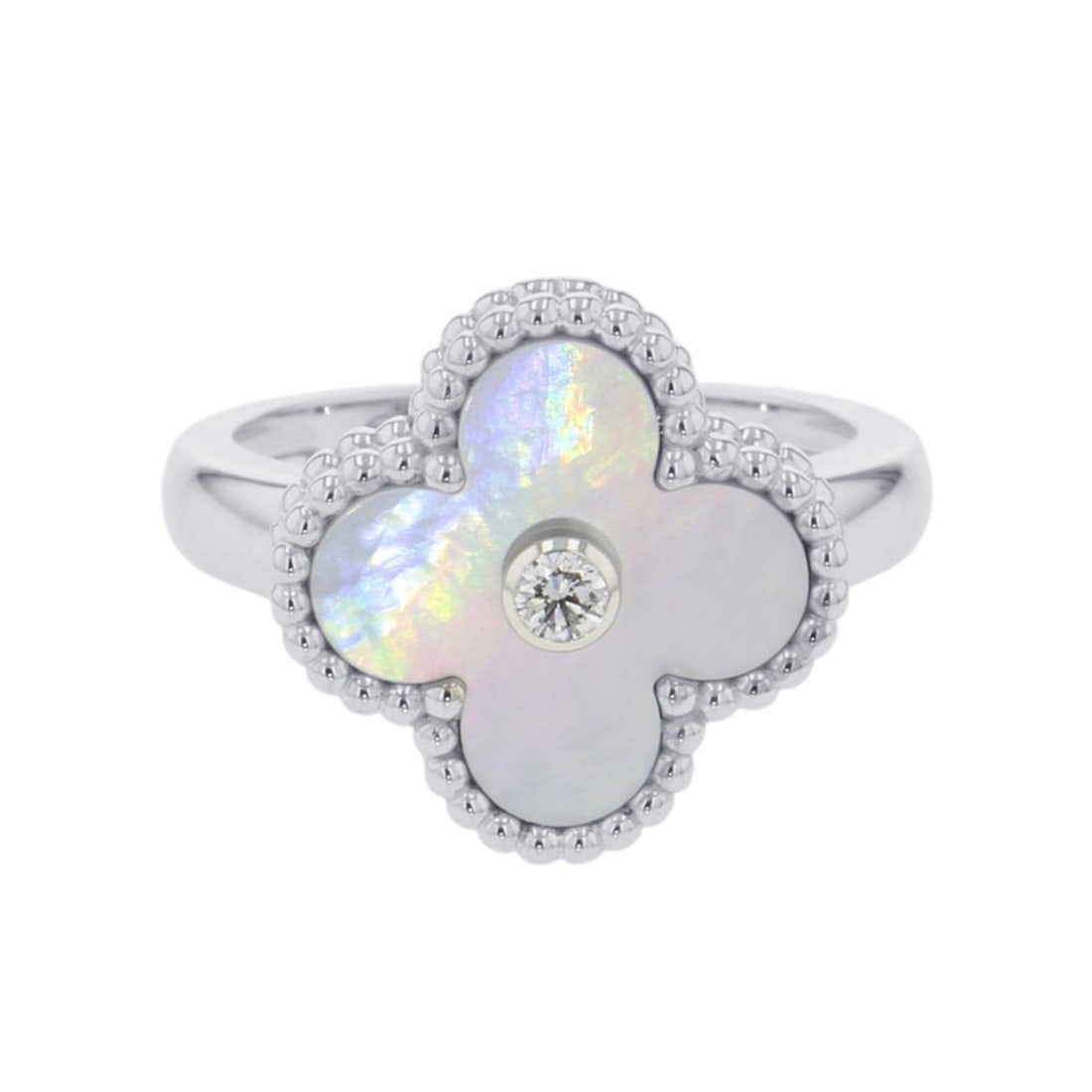 Van Cleef & Arpels Alhambra Ring, Mother of Pearl, 1 Diamond (0.05ct), 18K White Gold, Size 51,: --- Catalog ---Category: SizeJP Size: 11US Size: 6Category: DesignType: Band ringGender: WomenMaterial: White gold (18K)Category: GeneralLine: AlhambraBrand: Van Cleef & Arpels--- Item List ---Section
