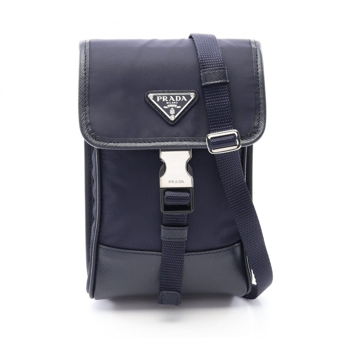 Prada TESSUTO + SAFFIAN Shoulder Bag/Handbag, Nylon & Saffiano Leather, Women's, Navy/Black, 2ZH109: --- Catalog ---Category: SizeSize (HxWxD): 18cm x 11cm x 2cm / 7.08'' x 4.33'' x 0.78''Category: DesignType: Handbag, Shoulder bagColor: Black, NavyGender: WomenMaterial: Nylon , Saffiano triangle Cat