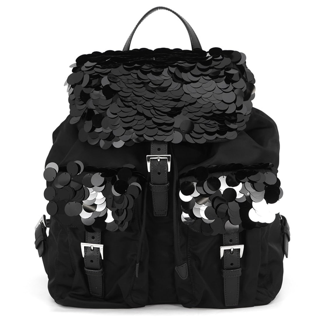Prada Nylon Sequin Backpack 1BZ811 PRADA Handbag Black: --- Catalog ---Category: SizeSize (HxWxD): 27.5cm x 30cm x 15cm / 10.82'' x 11.81'' x 5.9''Category: DesignType: Backpack, HandbagColor: BlackGender: WomenMaterial: Nylon , Leather Category: GeneralMP