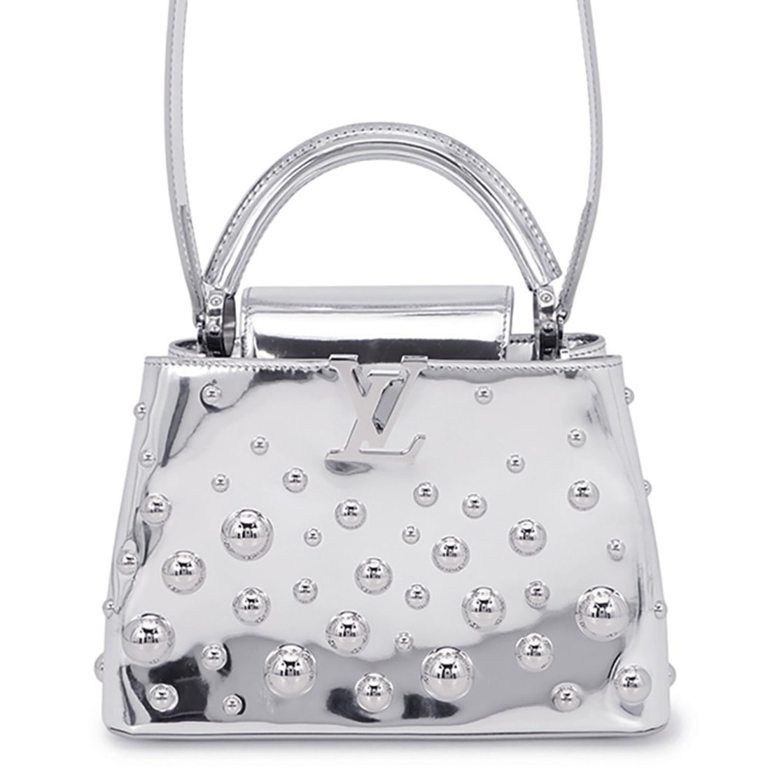 Louis Vuitton handbag, leather, LV x YK Capucines BB, metal dot, M21634, 2-way shoulder bag, Yayoi: --- Catalog ---Category: SizeSize (HxWxD): 17.5cm x 26.5cm x 9cm / 6.88'' x 10.43'' x 3.54''Category: DesignType: Handbag, Shoulder bagColor: SilverGender: WomenMaterial: Leather Hardware Color: Silve