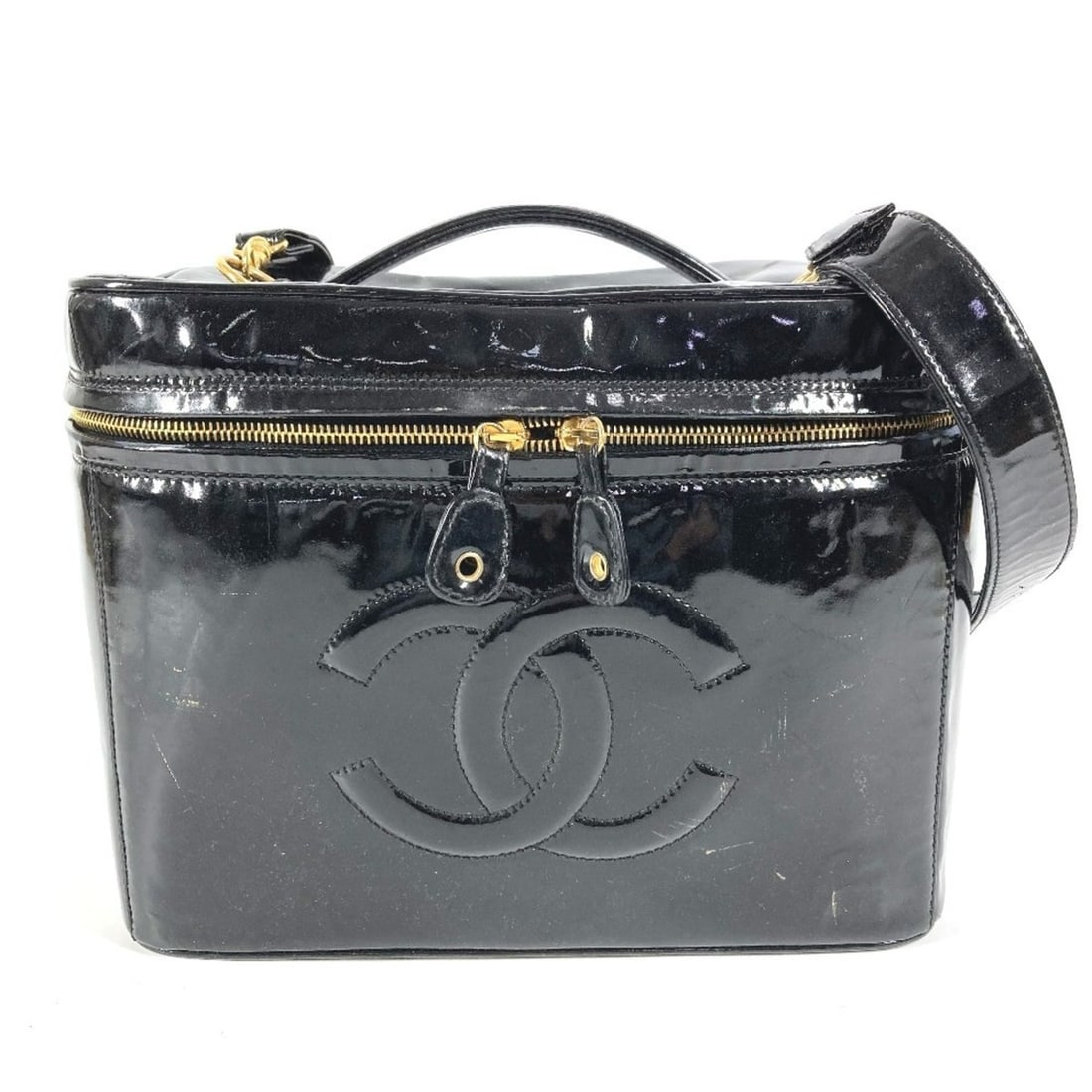 CHANEL Vintage CC Coco Mark Logo Vanity Bag, Shoulder 2-Way Handbag, Patent Leather, Men's &: --- Catalog ---Category: SizeSize (HxWxD): 22cm x 29.5cm x 19cm / 8.66'' x 11.61'' x 7.48''Category: DesignType: Handbag, Shoulder bag, Vanity bagColor: BlackGender: Men,Women,UnisexSeason: VintageMat