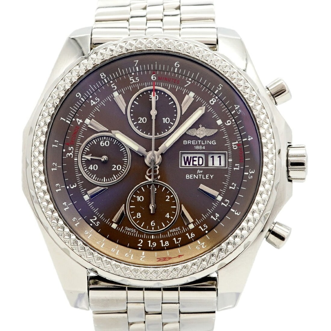Breitling Bentley GT A13362 Brown Dial Men's Watch: --- Catalog ---Category: SizeWrist Size: 16.5cm / 6.49''Case Diameter: 45.4mm / 1.79''Category: DesignType: WristwatchGender: MenColor (Dial): BrownMaterial (Band): Stainless steelCategory: GeneralMPN