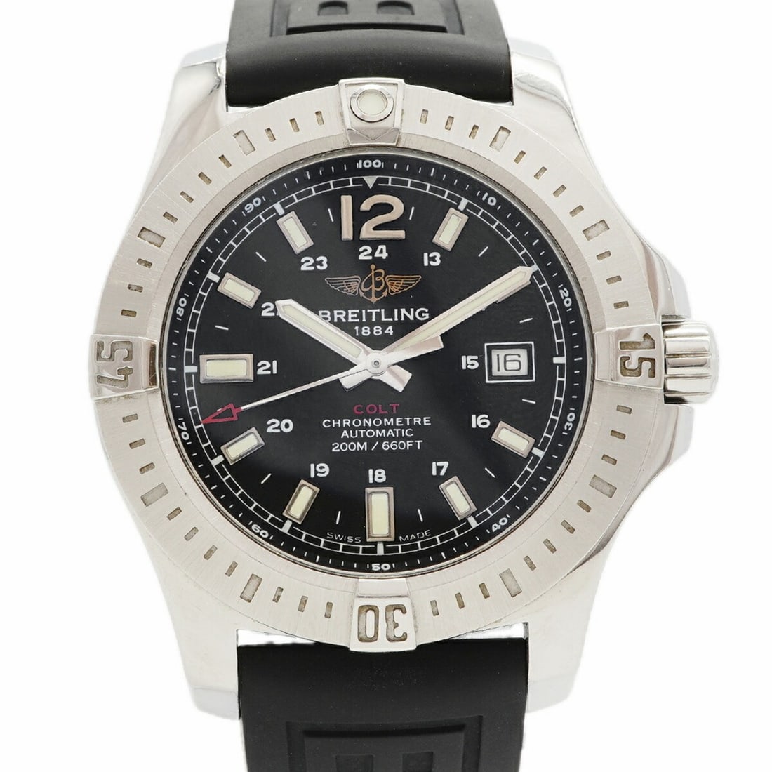 Breitling Colt A17388 Black Dial Men's Watch: --- Catalog ---Category: SizeWrist Size: 22cm / 8.66''Case Diameter: 43.5mm / 1.71''Category: DesignType: WristwatchGender: MenColor (Dial): BlackMaterial (Band): RubberCategory: GeneralMPN: A17388Bra