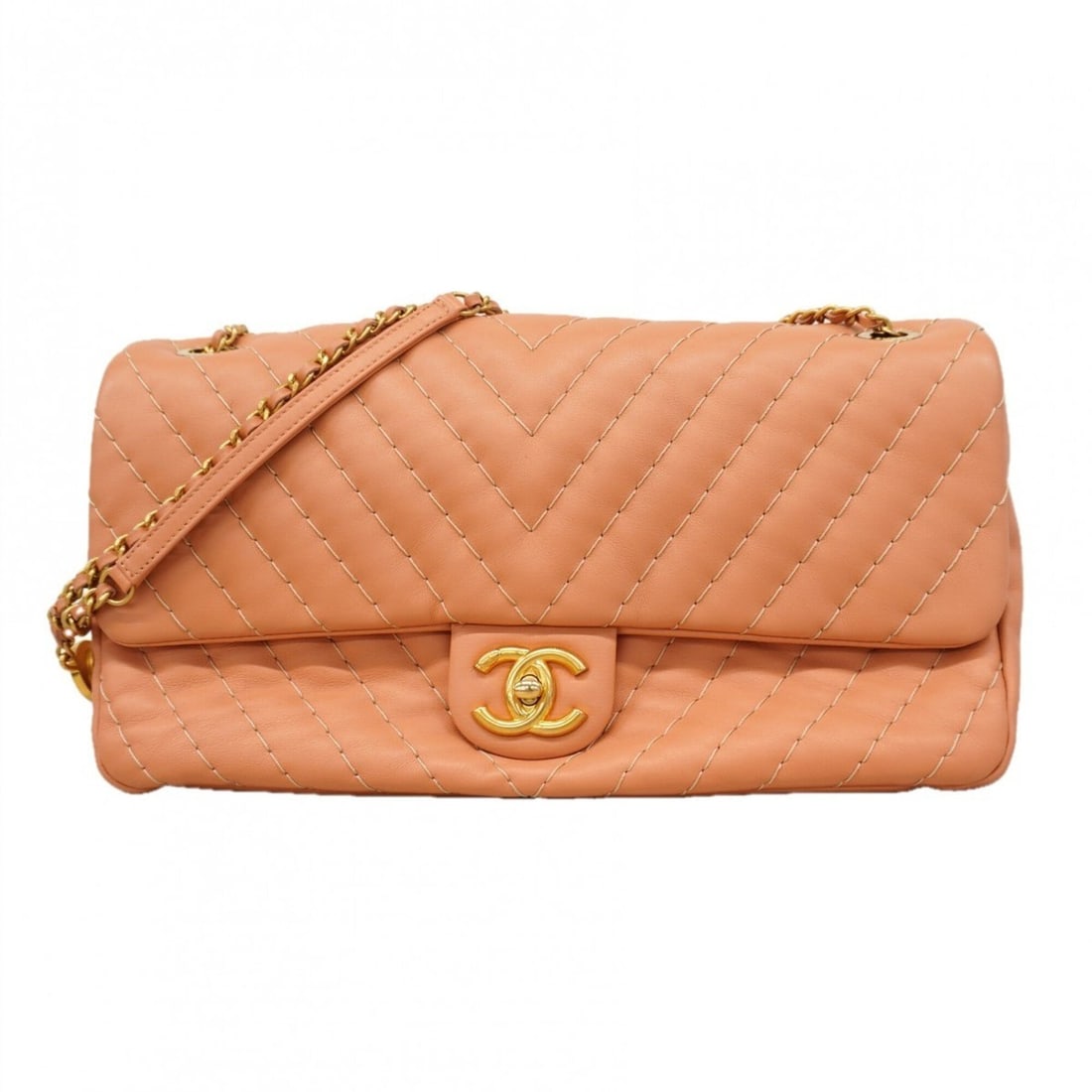 Chanel Shoulder Bag, V-stitch, Double Chain, Lambskin, Salmon Pink, Women's: --- Catalog ---Category: SizeSize (HxWxD): 16.5cm x 31cm x 6.5cm / 6.49'' x 12.2'' x 2.55''Category: DesignType: Shoulder bagColor: Salmon pinkGender: WomenMaterial: Leather Hardware Color: GoldLeathe