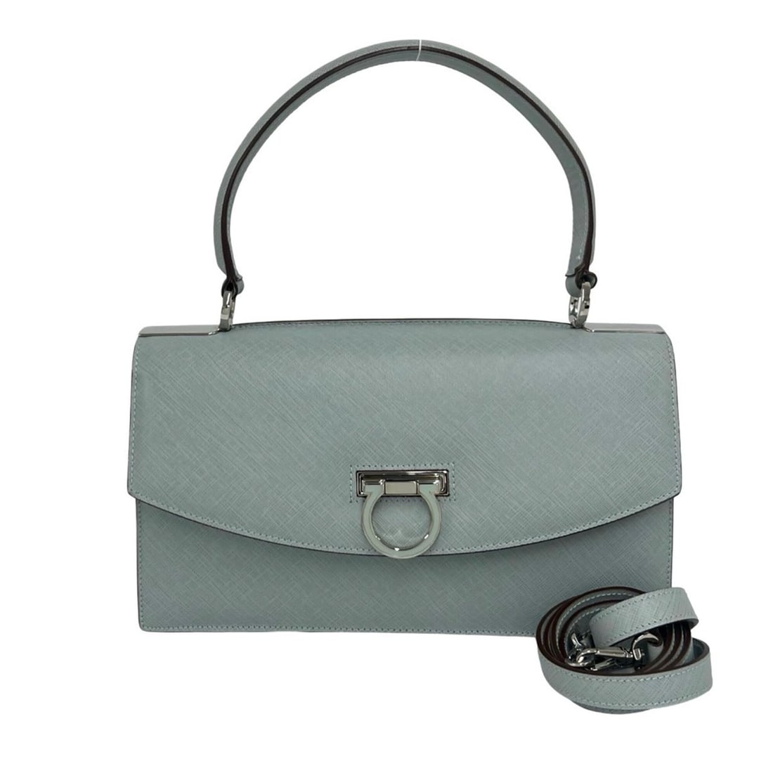 Salvatore Ferragamo Gancini Leather 2-way Shoulder Bag/Handbag, Blue, 61673: --- Catalog ---Category: SizeSize (HxWxD): 17cm x 26cm x 7cm / 6.69'' x 10.23'' x 2.75''Category: DesignType: Handbag, Shoulder bagColor: BlueGender: WomenMaterial: Leather Category: GeneralBrand: Sal