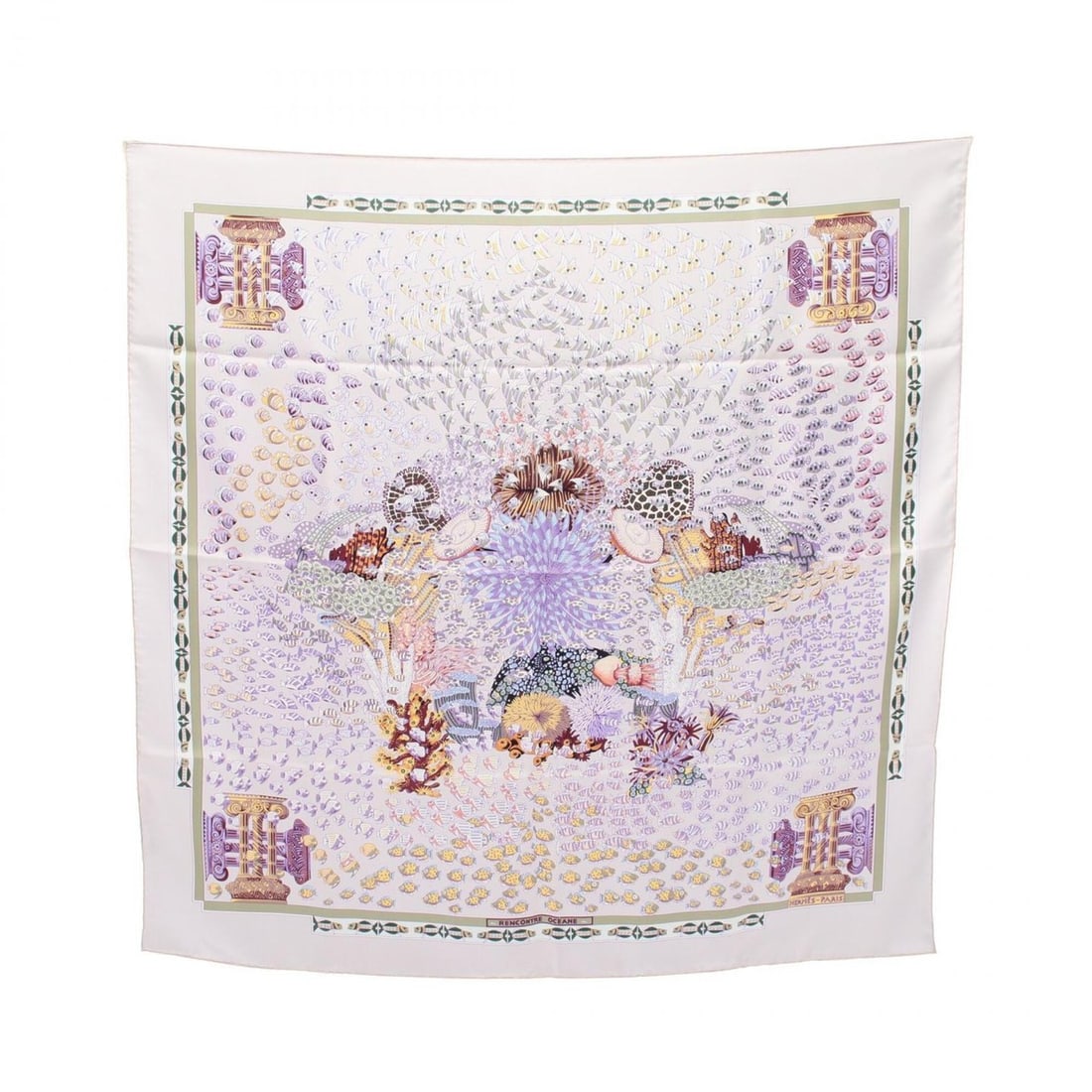 Hermes Carre 90 RENCONTRE OCEANE Scarf/Muffler, Silk, Women's, Gray/Purple/Multicolor: --- Catalog ---Category: SizeSize (LxW): 89cm x 89cm / 35.03'' x 35.03''Category: DesignType: ScarfColor: Gray, Multi-color, PurpleGender: WomenMaterial: Silk Category: GeneralBrand: Hermes--- Item Li