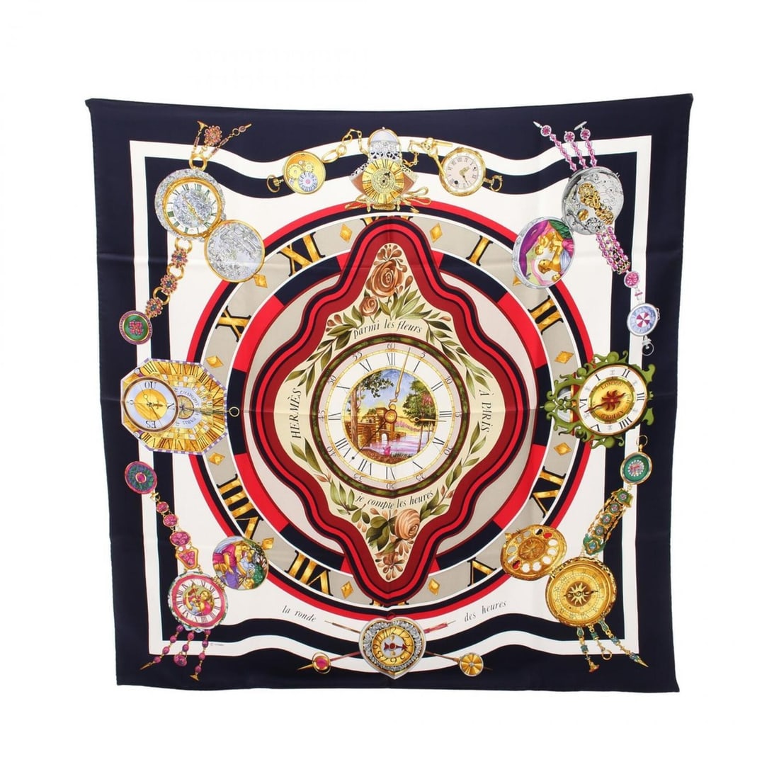 Hermes Carre 90 "Parmi les fleurs je compte heures" scarf/muffler, silk, women's, navy/multicolor: --- Catalog ---Category: SizeSize (LxW): 89cm x 89cm / 35.03'' x 35.03''Category: DesignType: ScarfColor: Multi-color, NavyGender: WomenMaterial: Silk Category: GeneralBrand: Hermes--- Item List ---Se