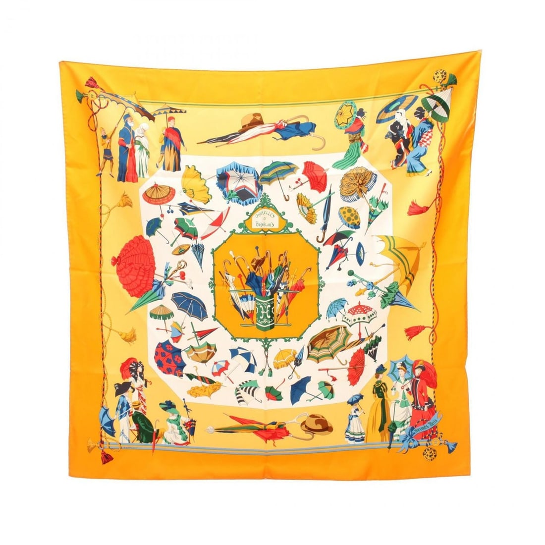 Hermes Carre 90 Ombrelles et Parapluies Scarf/Muffler, Silk, Women's, Orange/Multicolor: --- Catalog ---Category: SizeSize (LxW): 89cm x 89cm / 35.03'' x 35.03''Category: DesignType: ScarfColor: Multi-color, OrangeGender: WomenMaterial: Silk Category: GeneralBrand: Hermes--- Item List ---