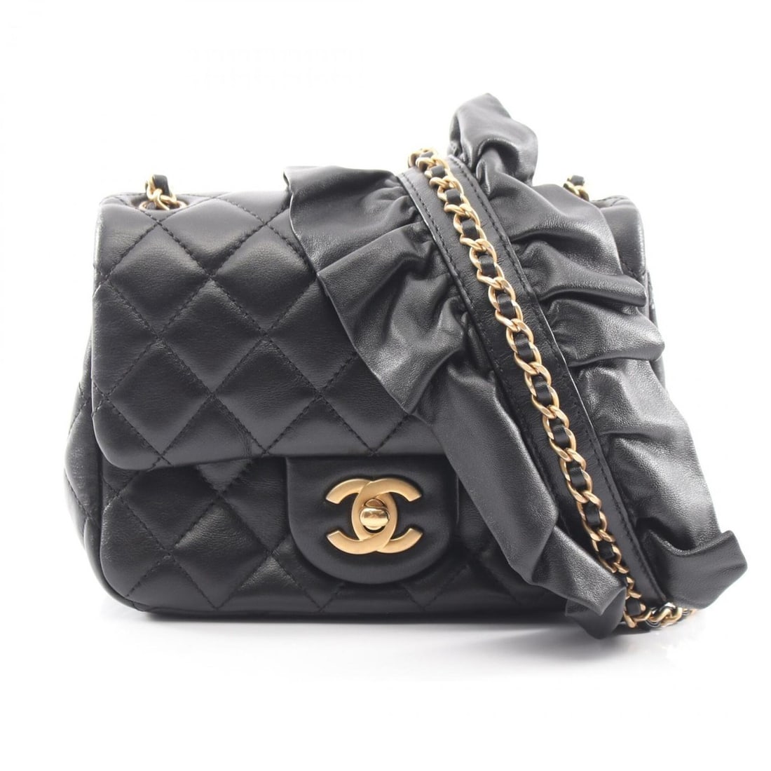 Chanel Mini Matelassé Frill Shoulder Bag/Handbag, Lambskin Leather, Women's, Black (1 of 11)