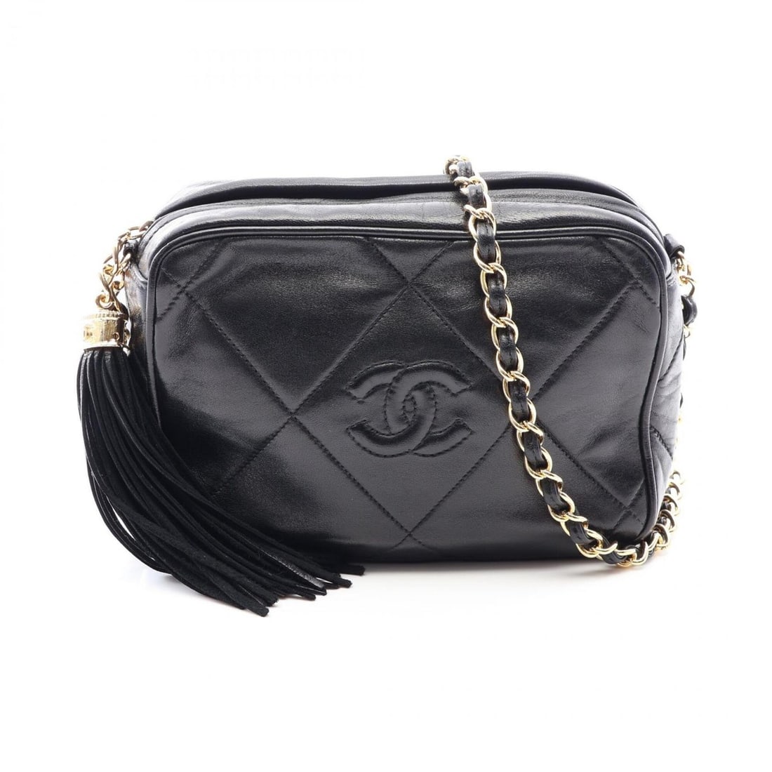 Chanel Matelassé Tassel Shoulder Bag/Handbag, Lambskin Leather, Women's, Black: --- Catalog ---Category: SizeSize (HxWxD): 12cm x 17cm x 7cm / 4.72'' x 6.69'' x 2.75''Category: DesignType: Handbag, Shoulder bagColor: BlackGender: WomenMaterial: Leather Leather/Fur Type: LambskinC