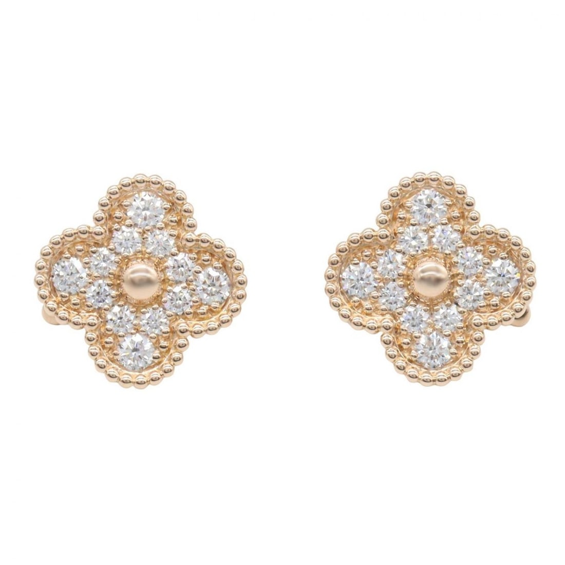 Van Cleef & Arpels Vintage Alhambra Diamond Earrings, 18K Pink Gold (PG), Women's Tone, Clear: --- Catalog ---Category: SizeSize (HxWxD): 15.00mm x 15.00mm / 0.59'' x 0.59''Category: DesignType: Stud earringsColor: Clear, GoldGender: WomenMaterial: Pink gold (18K)Category: GeneralMPN: VACRP2R50