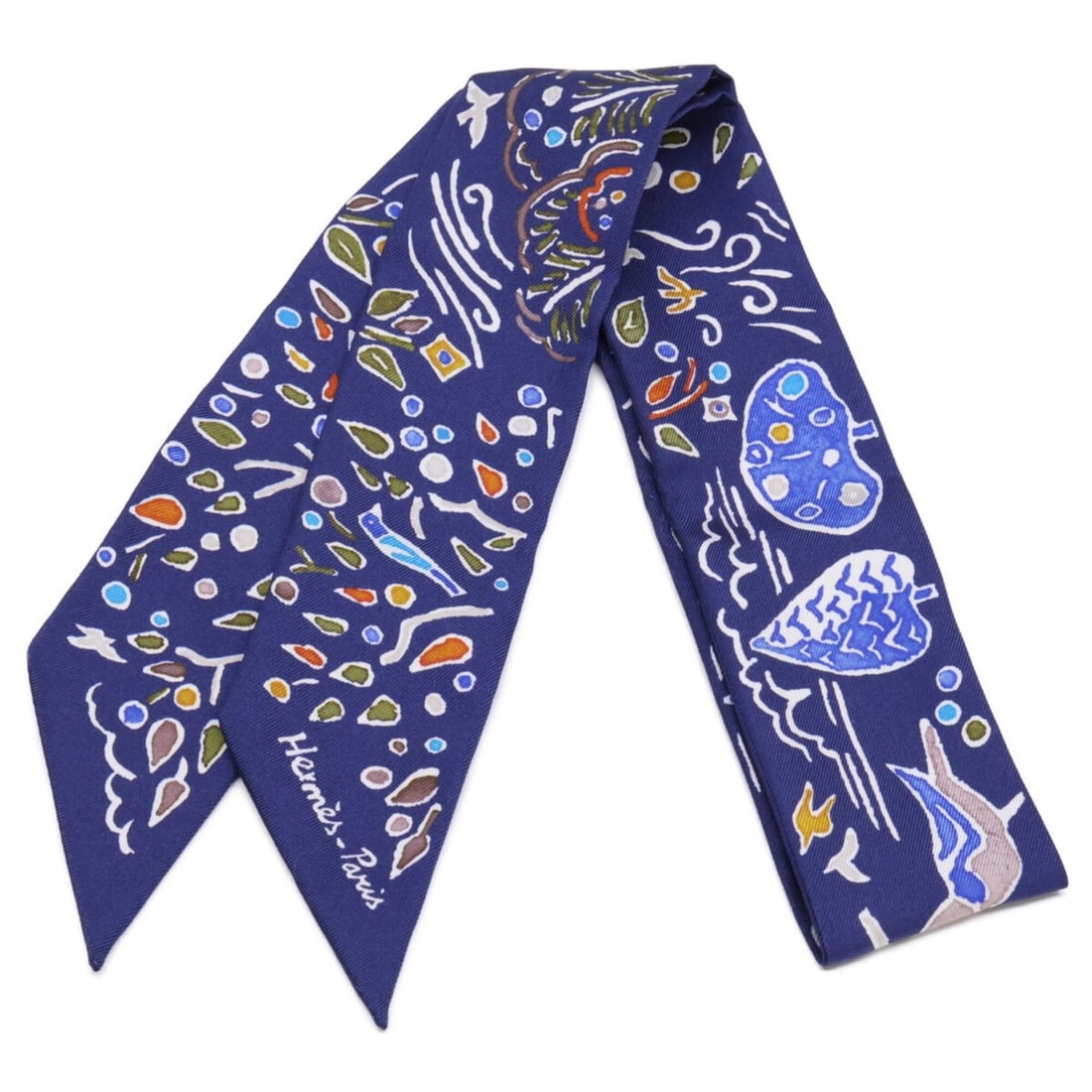 HERMES ISORA DI PRIMAVERA (Spring Island) Twilly Scarf/Muffler, Navy, Women's (1 of 7)