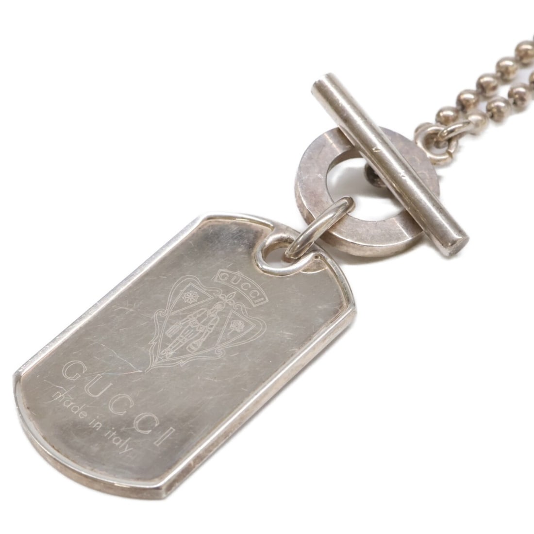 GUCCI AG925 Crest Dog Tag Toggle Ball Chain Necklace, Silver, Men's: --- Catalog ---Category: SizePendant Size: 38mm x 23mm / 1.49'' x 0.9''Neck Circumference: 51 cm / 20.07''Category: DesignColor: SilverGender: MenMaterial: Silver 925Necklace Type: NecklaceCategory: G