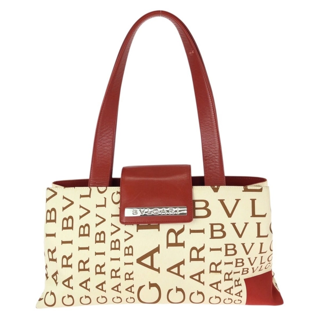 BVLGARI Logomania Red Ivory Silver Hardware Canvas Leather Tote Bag Shoulder for Women: --- Catalog ---Category: SizeSize (HxWxD): 15cm x 27cm x 8.5cm / 5.9'' x 10.62'' x 3.34''Category: DesignType: Shoulder bag, Tote bagColor: Ivory, Red colorGender: WomenMaterial: Canvas , Leather Cate