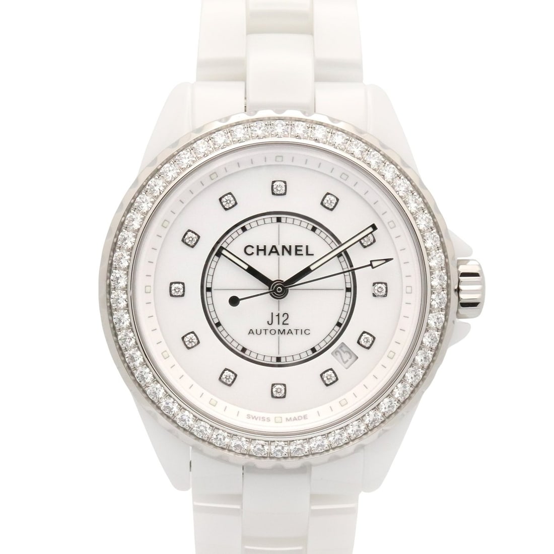 Chanel J12 Caliber 12.1 12P Diamond Bezel Watch, Ceramic, Diamond, Men's, White, H7189: --- Catalog ---Category: SizeWrist Size: 18.5cm / 7.28''Case Diameter: 39mm / 1.54''Category: DesignType: WristwatchGender: MenColor (Dial): WhiteMaterial (Band): CeramicMaterial (Case): CeramicCatego