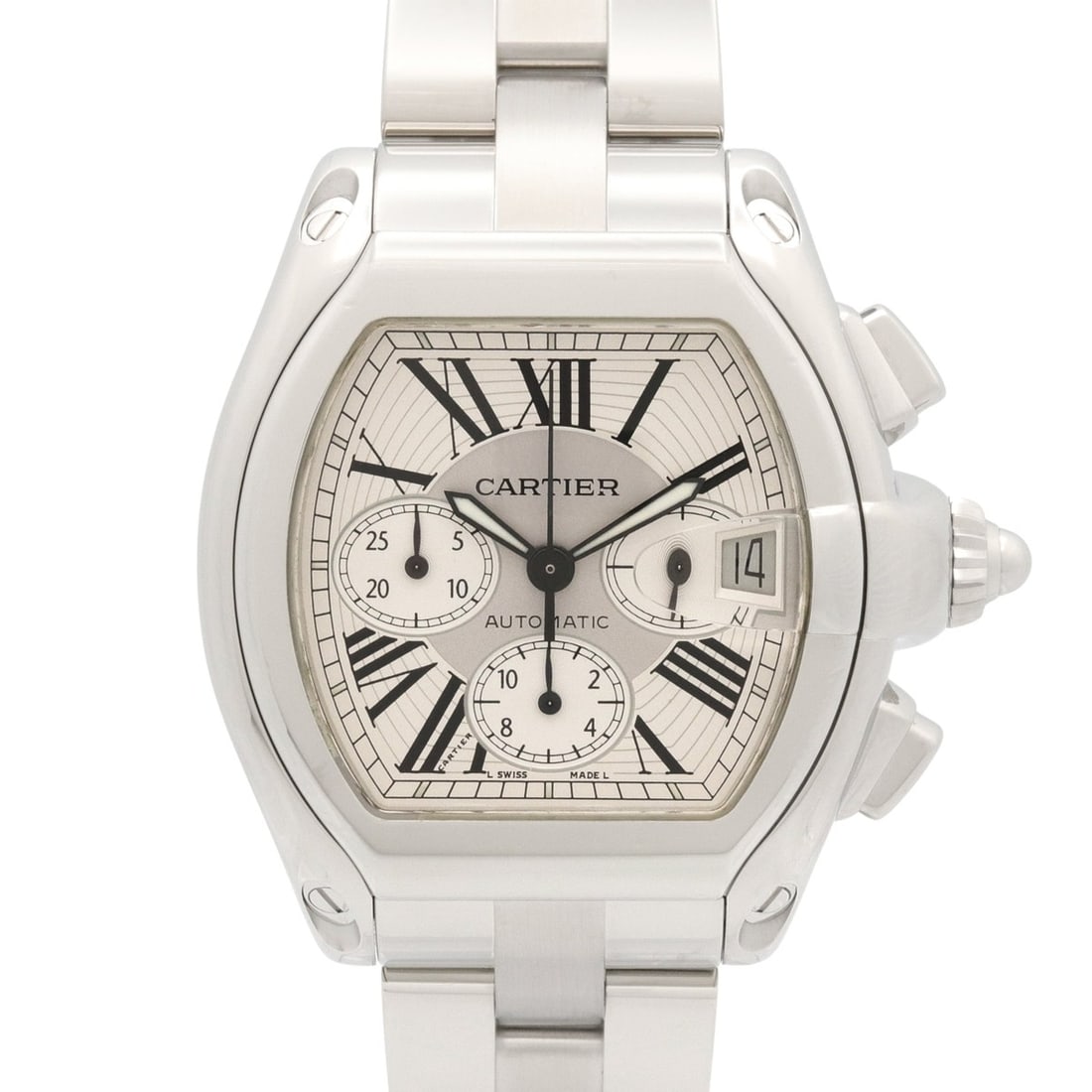 Cartier Roadster Chrono LM Watch, Stainless Steel, Men's, Silver Tone, W62019X6: --- Catalog ---Category: SizeWrist Size: 20.5cm / 8.07''Case Diameter: 42mm / 1.65''Category: DesignType: WristwatchGender: MenColor (Dial): SilverMaterial (Band): Stainless steelMaterial (Case): Stai