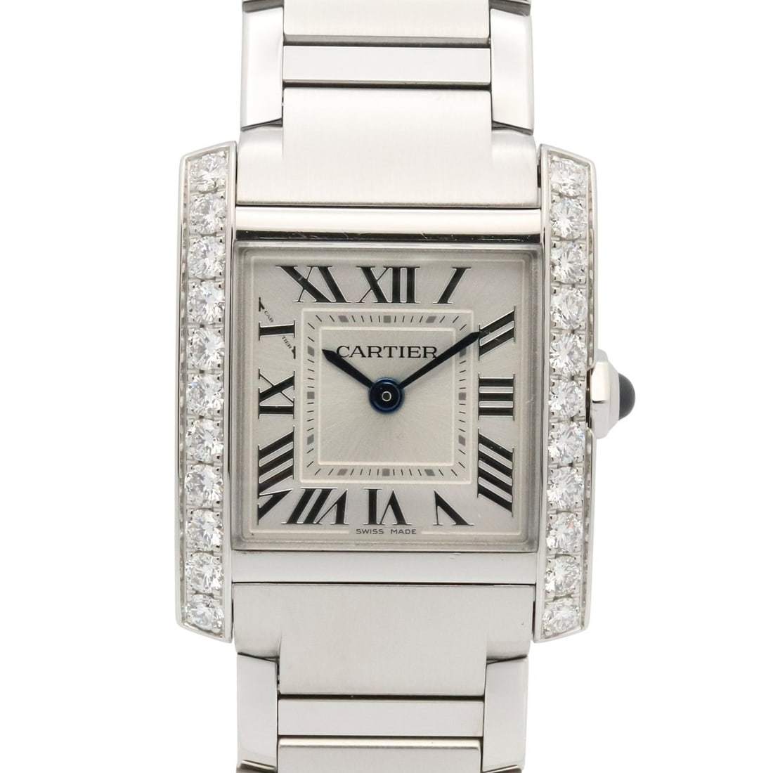 Cartier Tank Française SM Diamond Bezel Watch, Stainless Steel, Diamond, Ladies, Silver Tone,: --- Catalog ---Category: SizeWrist Size: 15.5cm / 6.1''Case Diameter: 21mm / 0.83''Category: DesignType: WristwatchGender: WomenColor (Dial): SilverMaterial (Band): Stainless steelMaterial (Case): Sta
