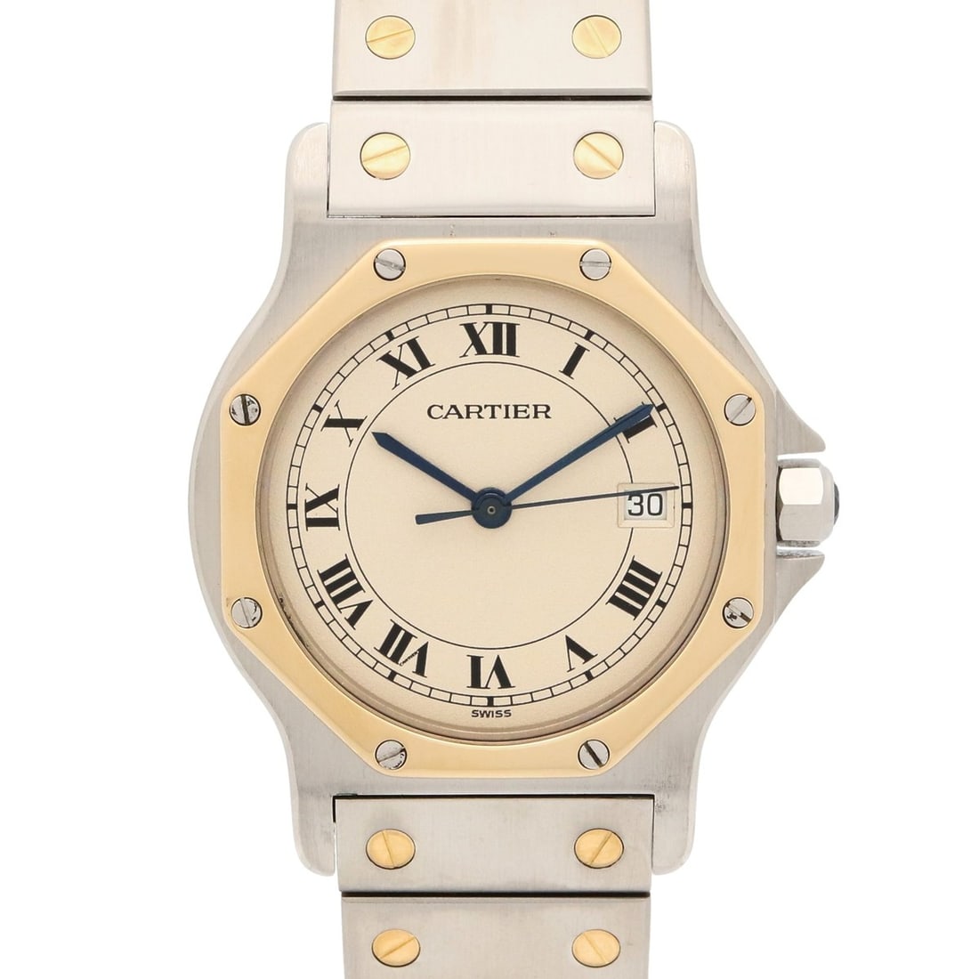Cartier Santos Octagon LM Watch, 18K Yellow Gold, Stainless Steel, Boys' Size, Ivory, 187902: --- Catalog ---Category: SizeWrist Size: 16.5cm / 6.49''Case Diameter: 29mm / 1.14''Category: DesignType: WristwatchColor (Dial): IvoryMaterial (Band): Stainless steel, Yellow gold (18K)Material (Case