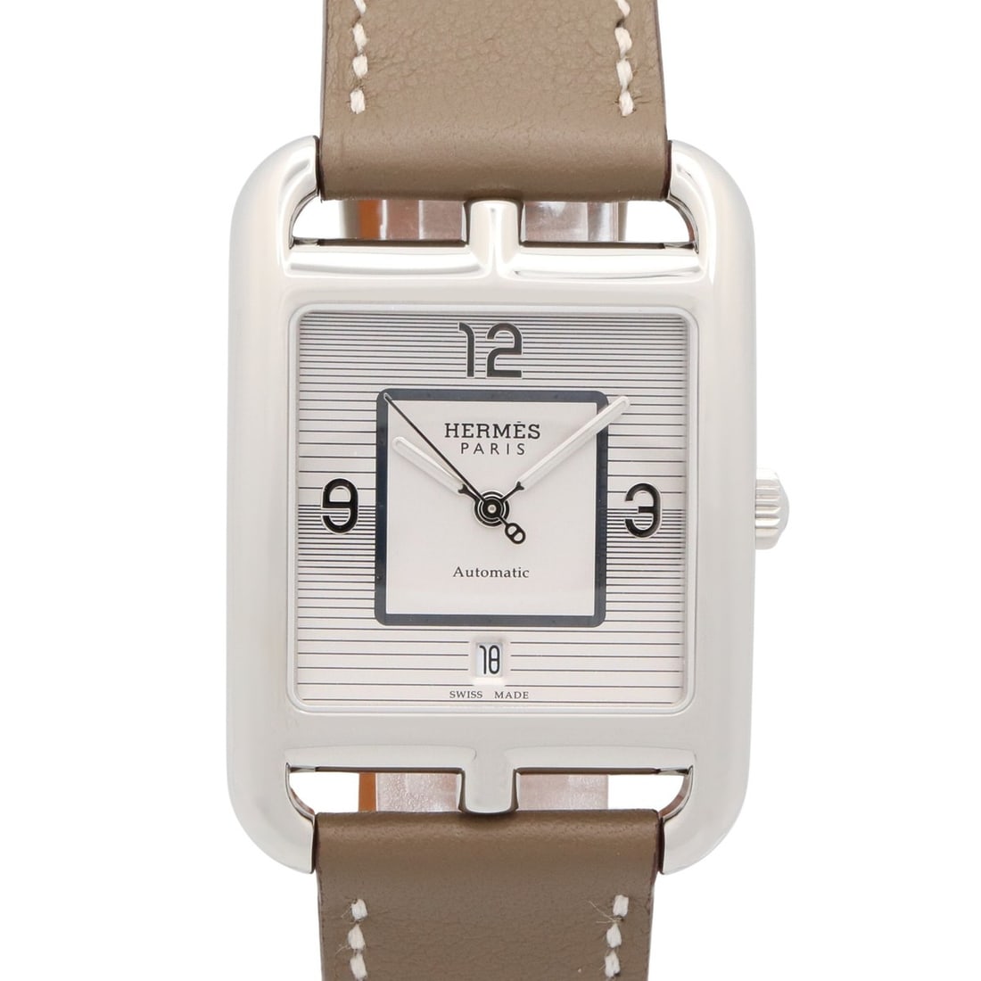 Hermes Cape Cod Date Watch, Stainless Steel, Leather Strap, Men's, Silver Tone, CC1.710a: --- Catalog ---Category: SizeWrist Size: 17.5cm / 6.88''Case Diameter: 29mm / 1.14''Category: DesignType: WristwatchGender: MenColor (Dial): SilverMaterial (Band): LeatherMaterial (Case): Stainless st