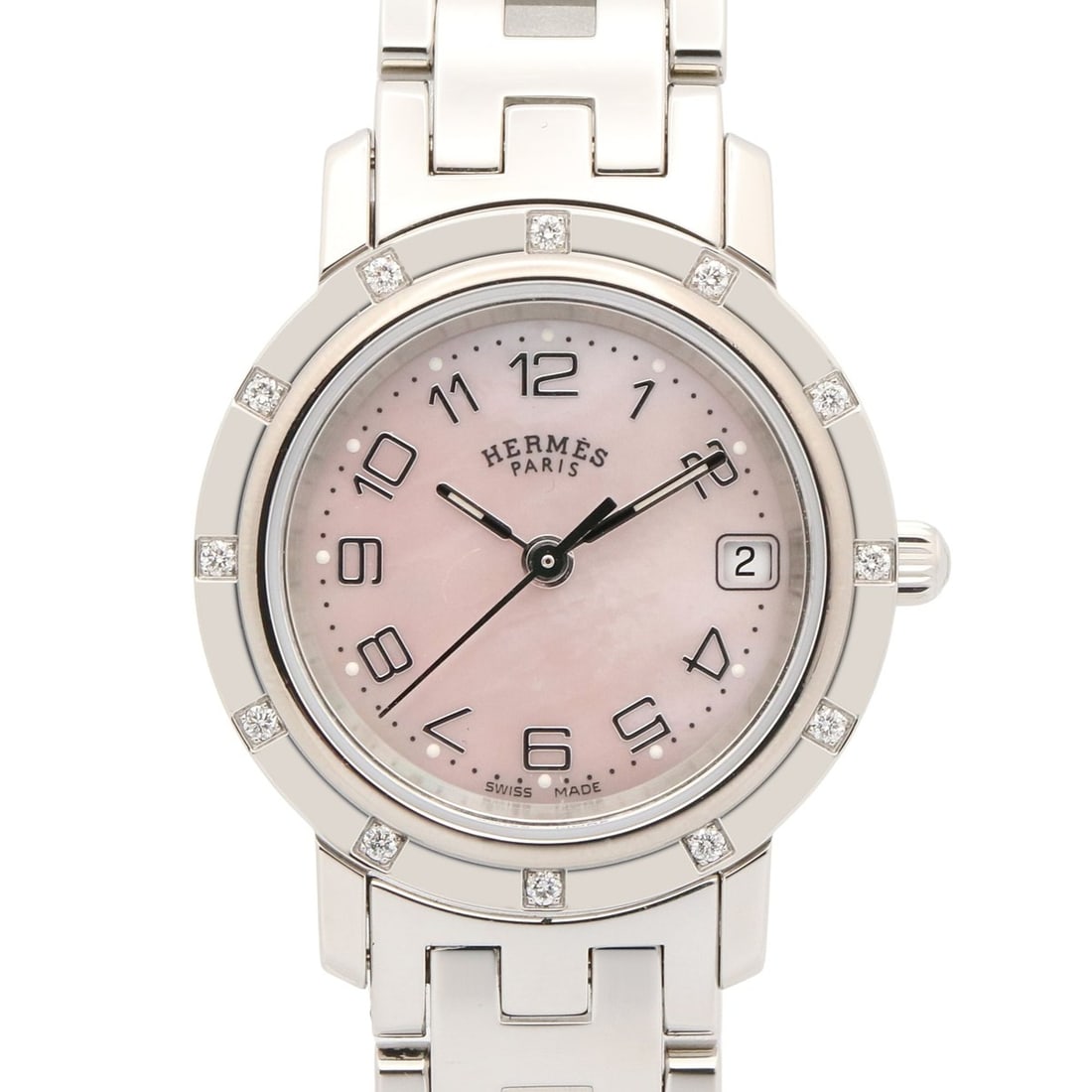 Hermes Clipper Nacre 12-Diamond Watch, Stainless Steel, Diamond, Ladies, Pink Tone, Shell, CL4.230: --- Catalog ---Category: SizeWrist Size: 16.5cm / 6.49''Case Diameter: 24mm / 0.94''Category: DesignType: WristwatchGender: WomenColor (Dial): Pink shellMaterial (Band): Stainless steelMaterial (Case)
