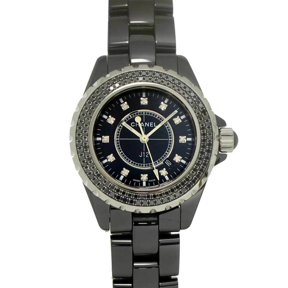 Chanel J12 33mm H2082 Women's Watch, Black Diamond Bezel, Date Display, Ceramic Quartz Watch: --- Catalog ---Category: SizeWrist Size: 16.5cm / 6.49''Case Diameter: 34mm / 1.34''Category: DesignType: WristwatchGender: WomenColor (Dial): BlackMaterial (Band): Ceramic, Stainless steelMaterial (C