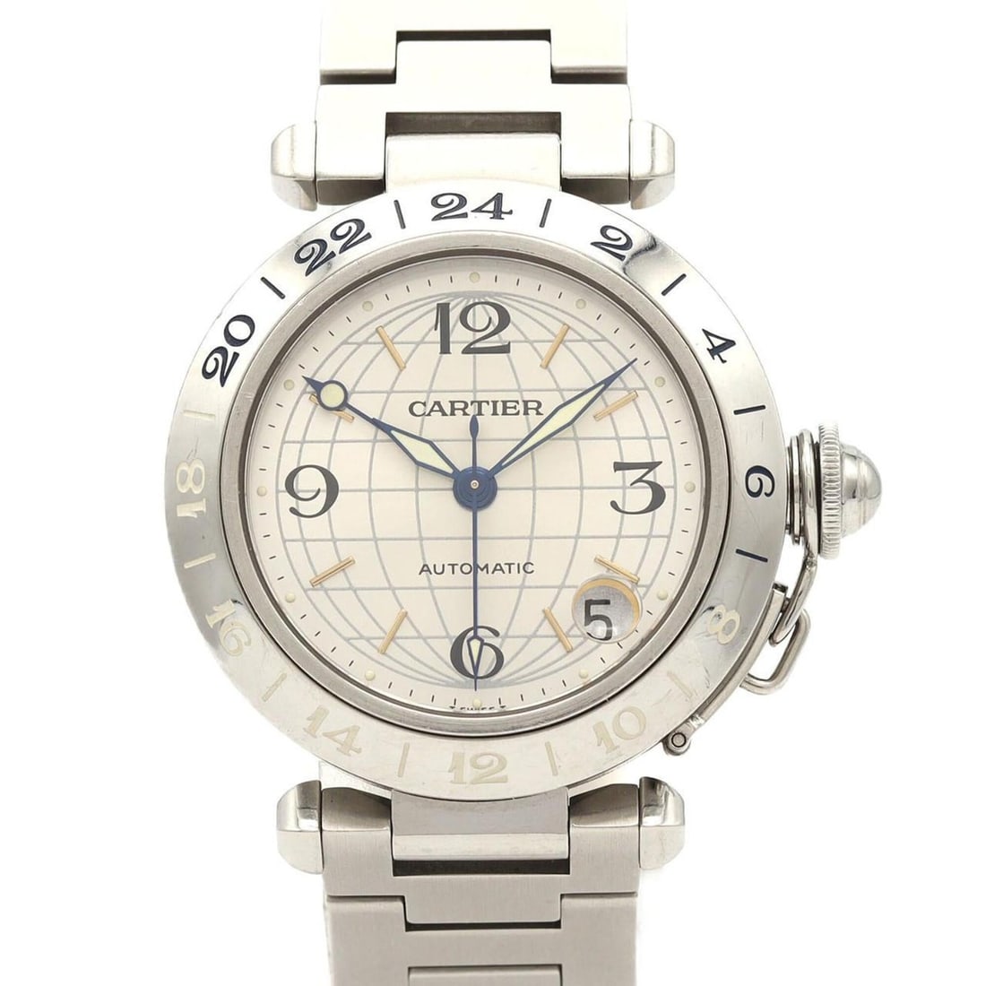 Cartier Pasha C GMT W31029M7 Stainless Steel Automatic Watch: --- Catalog ---Category: SizeWrist Size: 14.5cm / 5.7''Case Diameter: 35mm / 1.38''Category: DesignType: WristwatchGender: Men,WomenColor (Dial): SilverMaterial (Band): Stainless steelMaterial (Case):