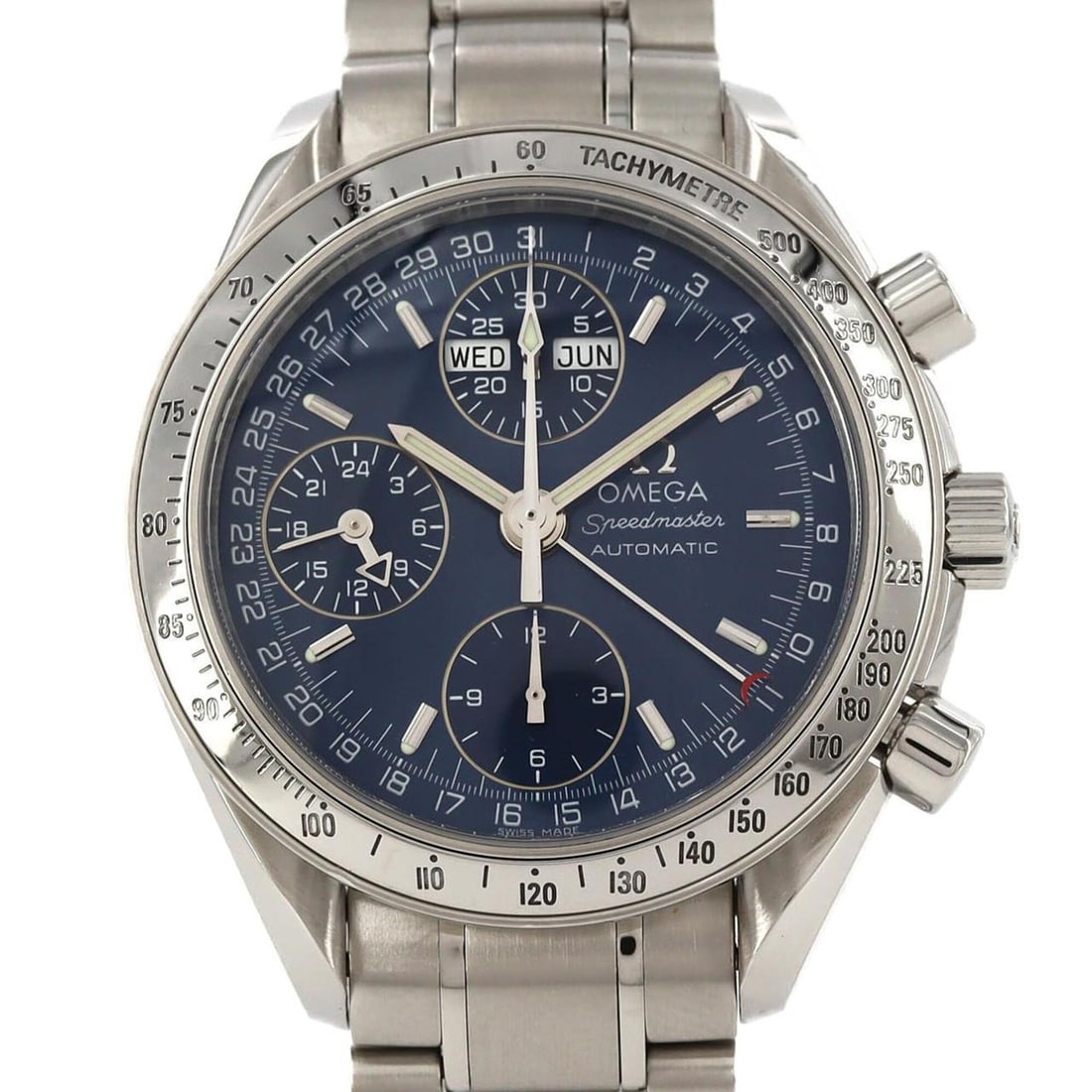 Omega Speedmaster Day-Date 3523.80 Stainless Steel Automatic Watch: --- Catalog ---Category: SizeWrist Size: 19.5cm / 7.67''Case Diameter: 39mm / 1.54''Category: DesignType: WristwatchColor (Dial): BlueMaterial (Band): Stainless steelMaterial (Case): Stainless steelCa