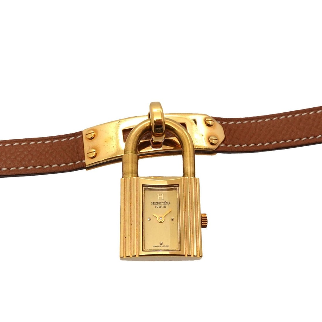 Hermes Kelly Watch, Ladies' Gold and Brown Quartz Watch with Padlock: --- Catalog ---Category: SizeWrist Size: 13cm - 15.5cm / 5.11'' - 6.1''Case Diameter: 20mm / 0.79''Category: DesignType: WristwatchGender: WomenColor (Dial): GoldMaterial (Band): Gold plated, Stainles