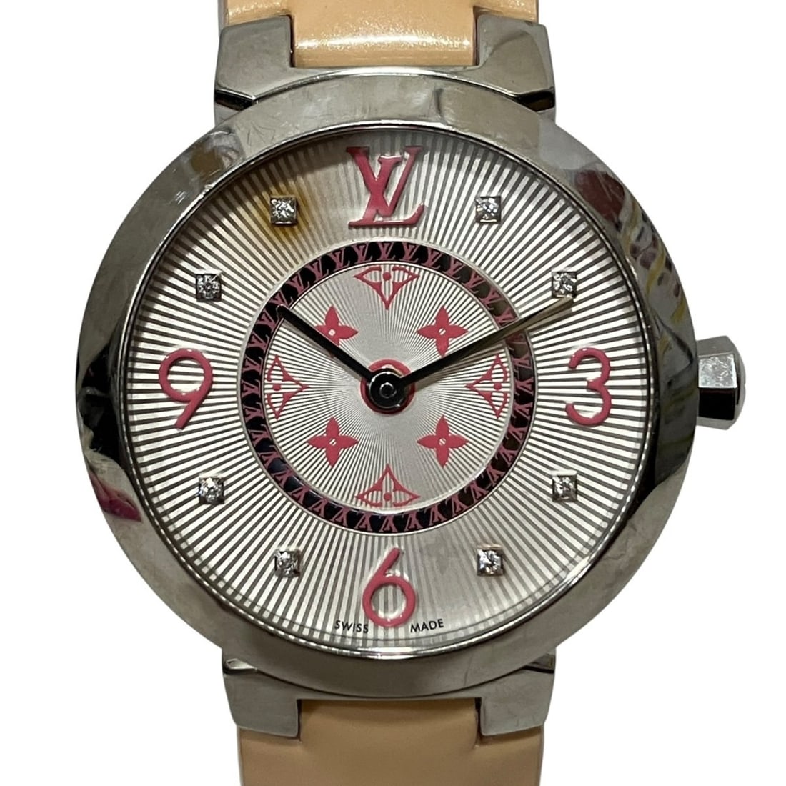 Louis Vuitton Tambour Monogram PM Watch, Verny, Total Weight 36.3g, Stainless Steel, Genuine Leather: --- Catalog ---Category: SizeWrist Size: 12.5cm - 16.5cm / 4.92'' - 6.49''Case Diameter: 28mm / 1.1''Category: DesignType: WristwatchGender: WomenColor (Dial): WhiteMaterial (Band): LeatherMaterial (C